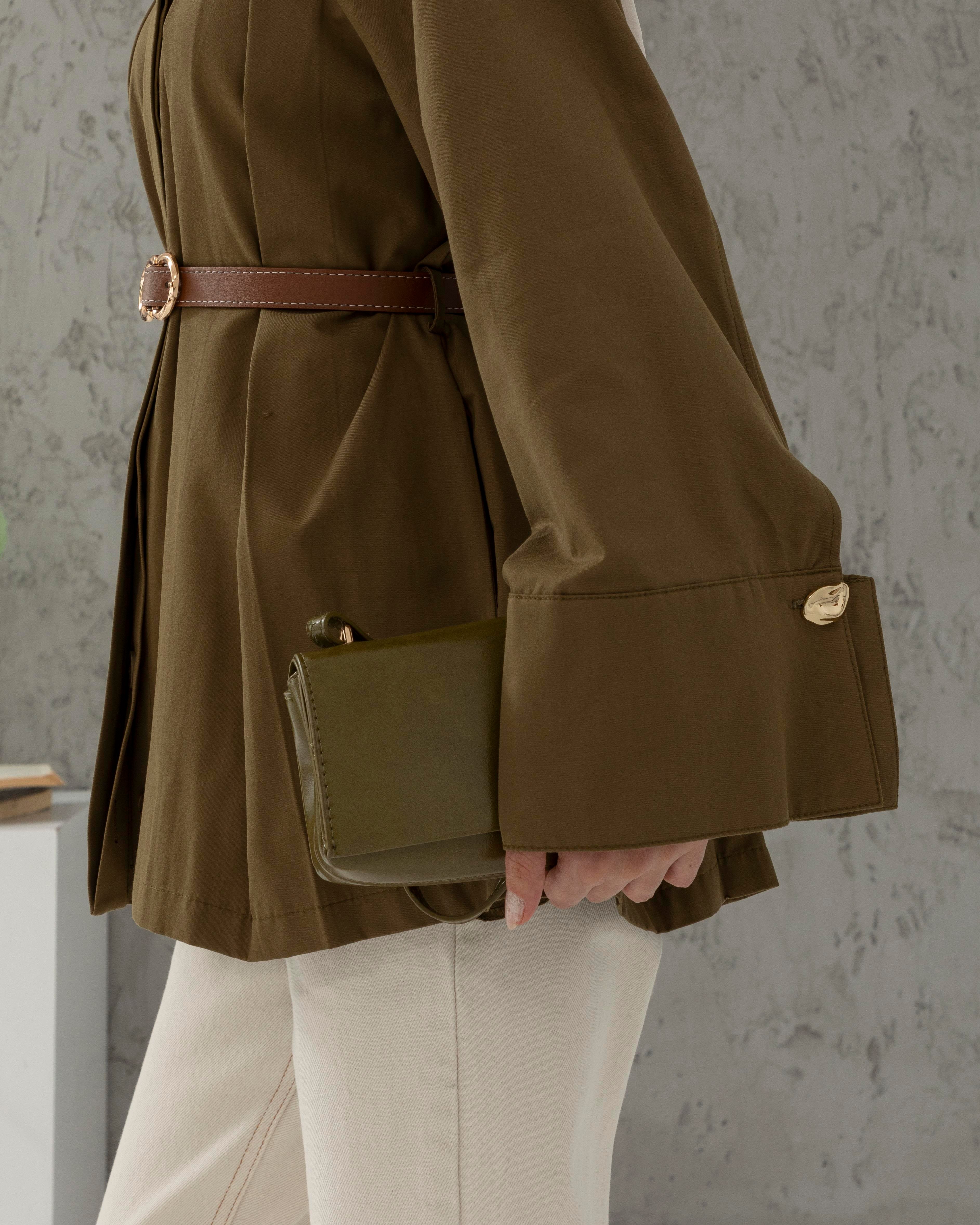 Gizli Düğmeli Kemerli Haki Trençkot