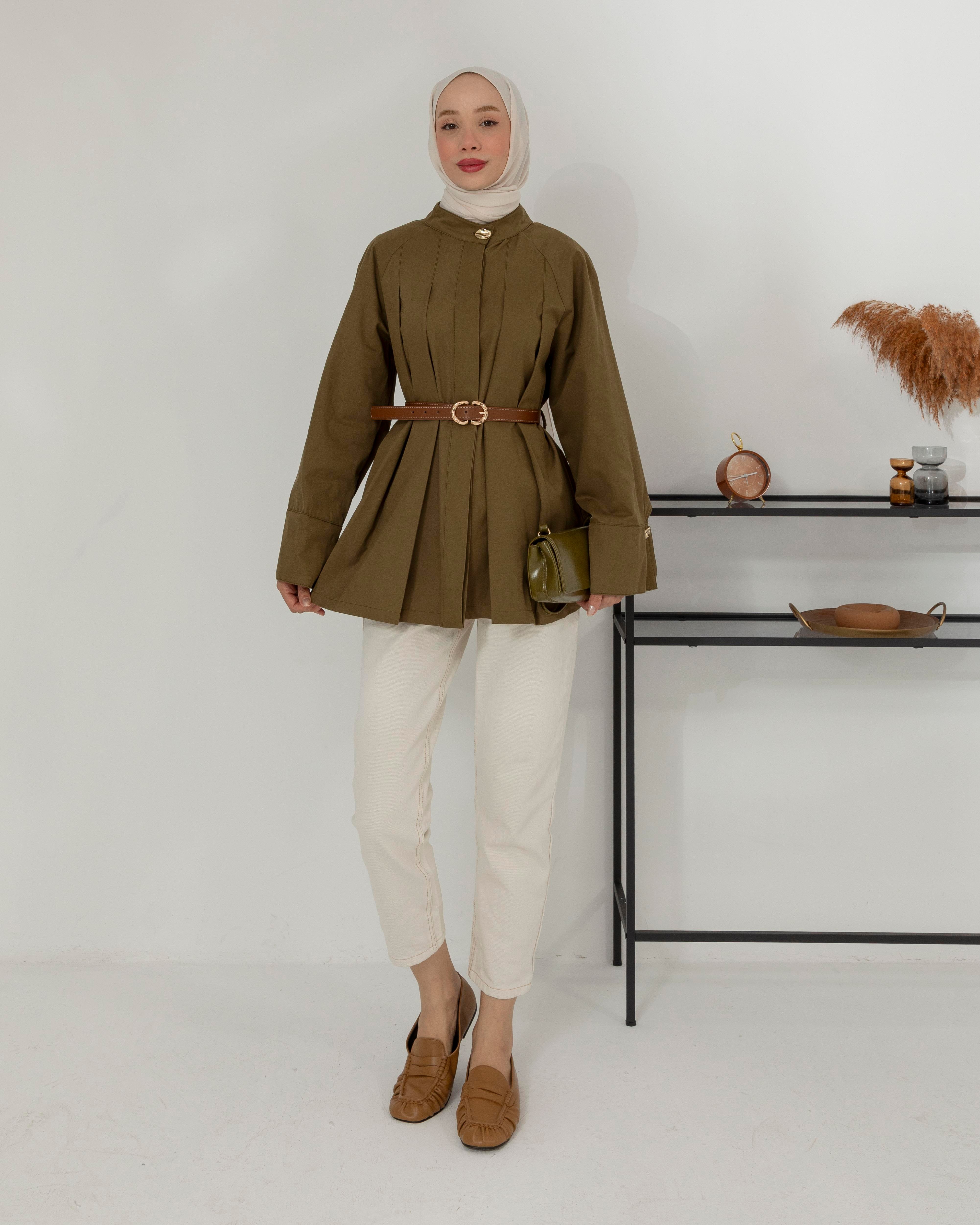 Gizli Düğmeli Kemerli Haki Trençkot