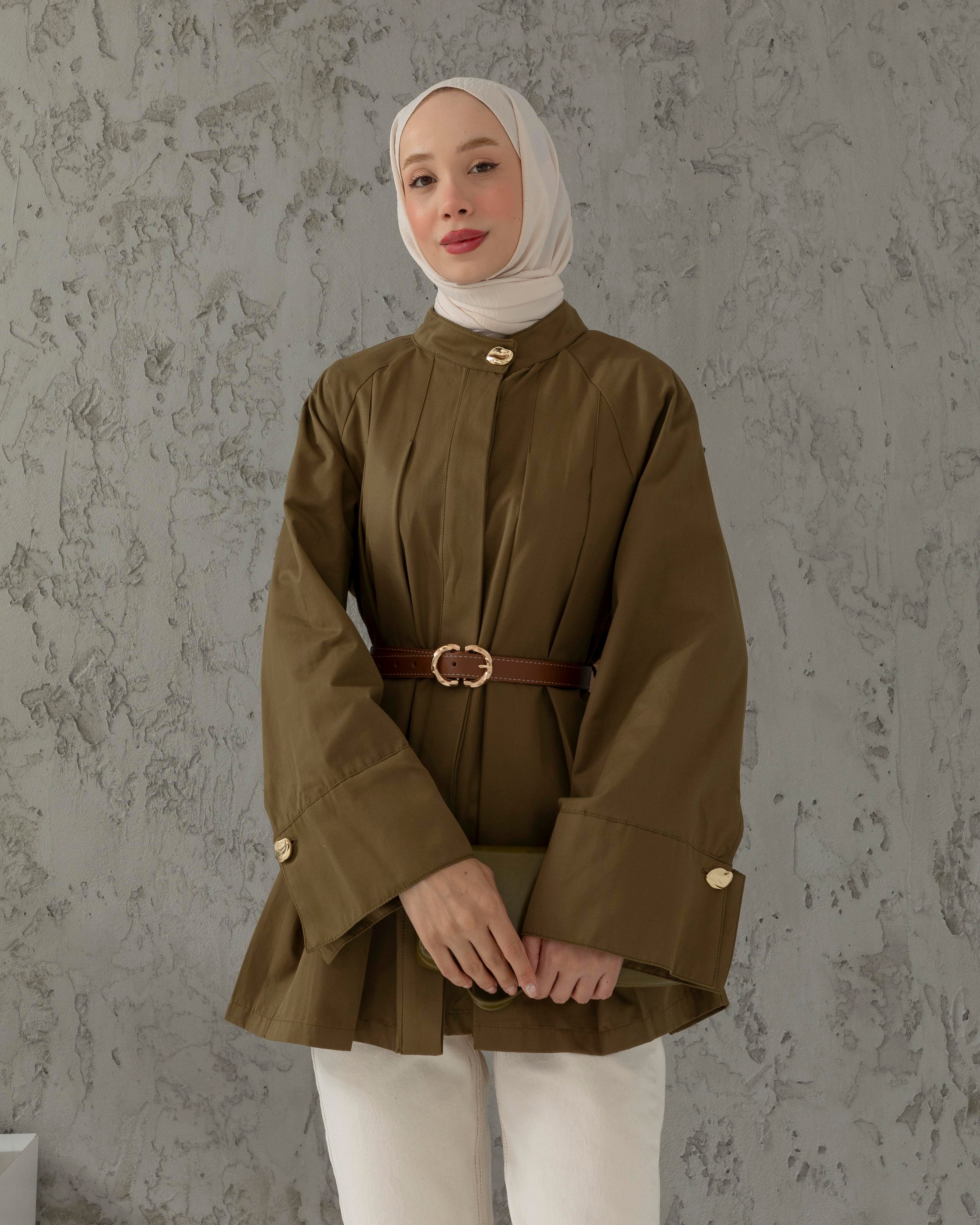 Gizli Düğmeli Kemerli Haki Trençkot