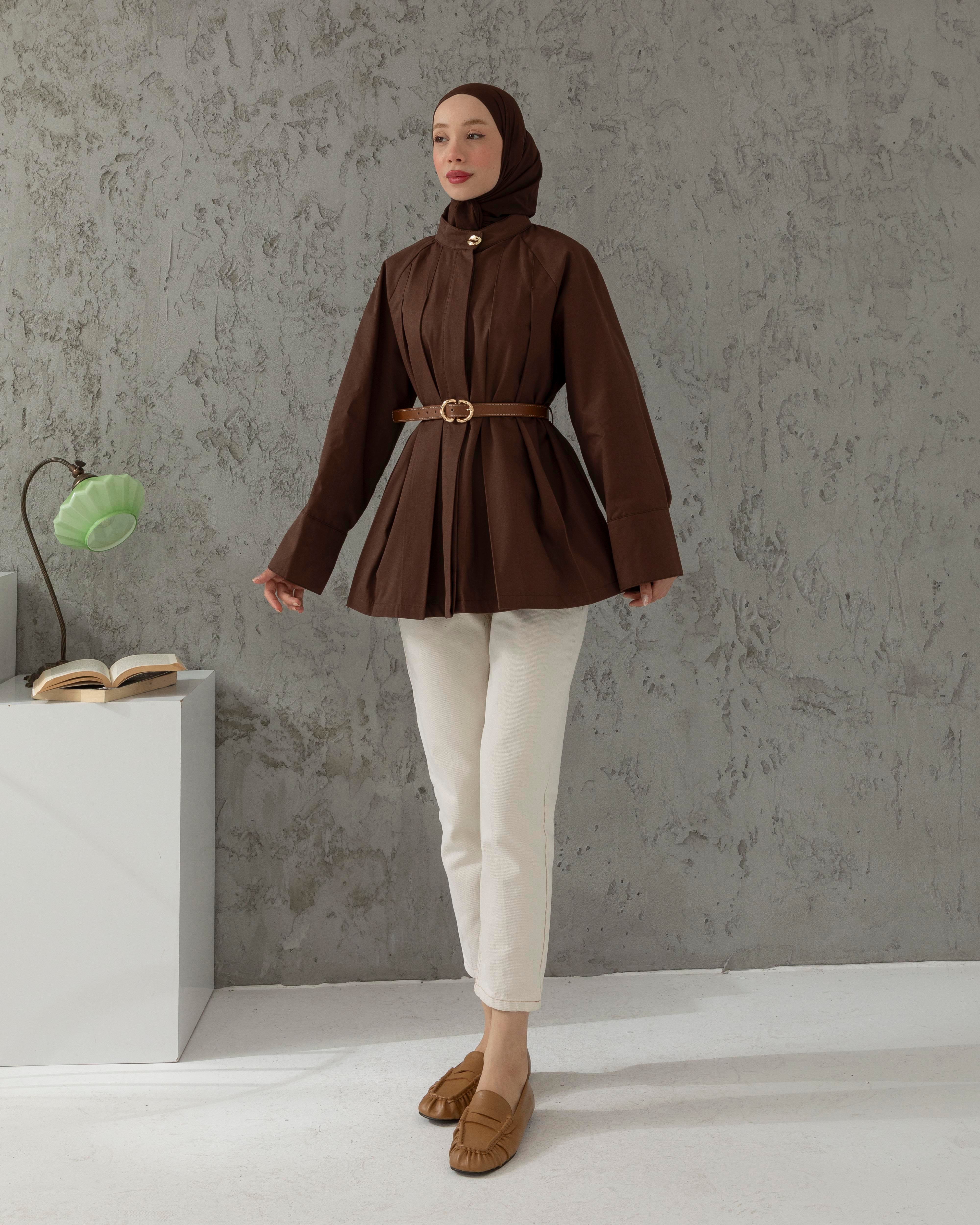 Gizli Düğmeli Kemerli Kahve Trençkot