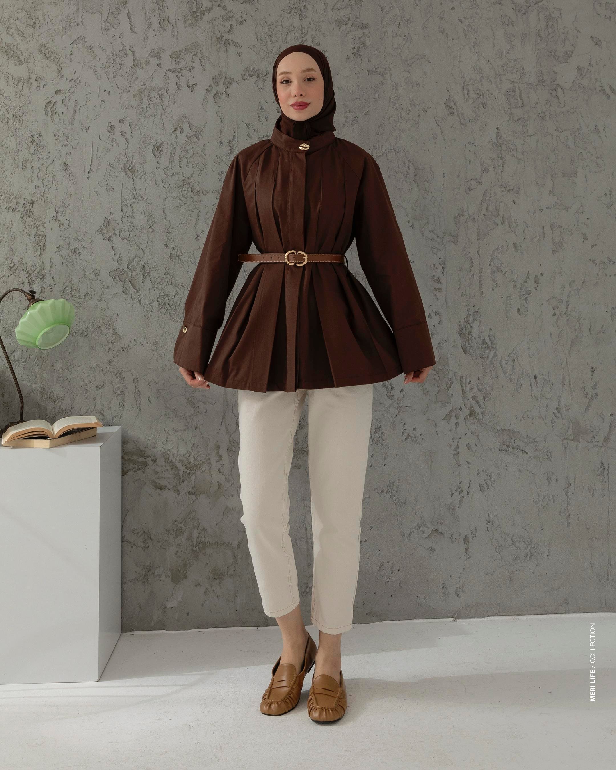 Gizli Düğmeli Kemerli Kahve Trençkot