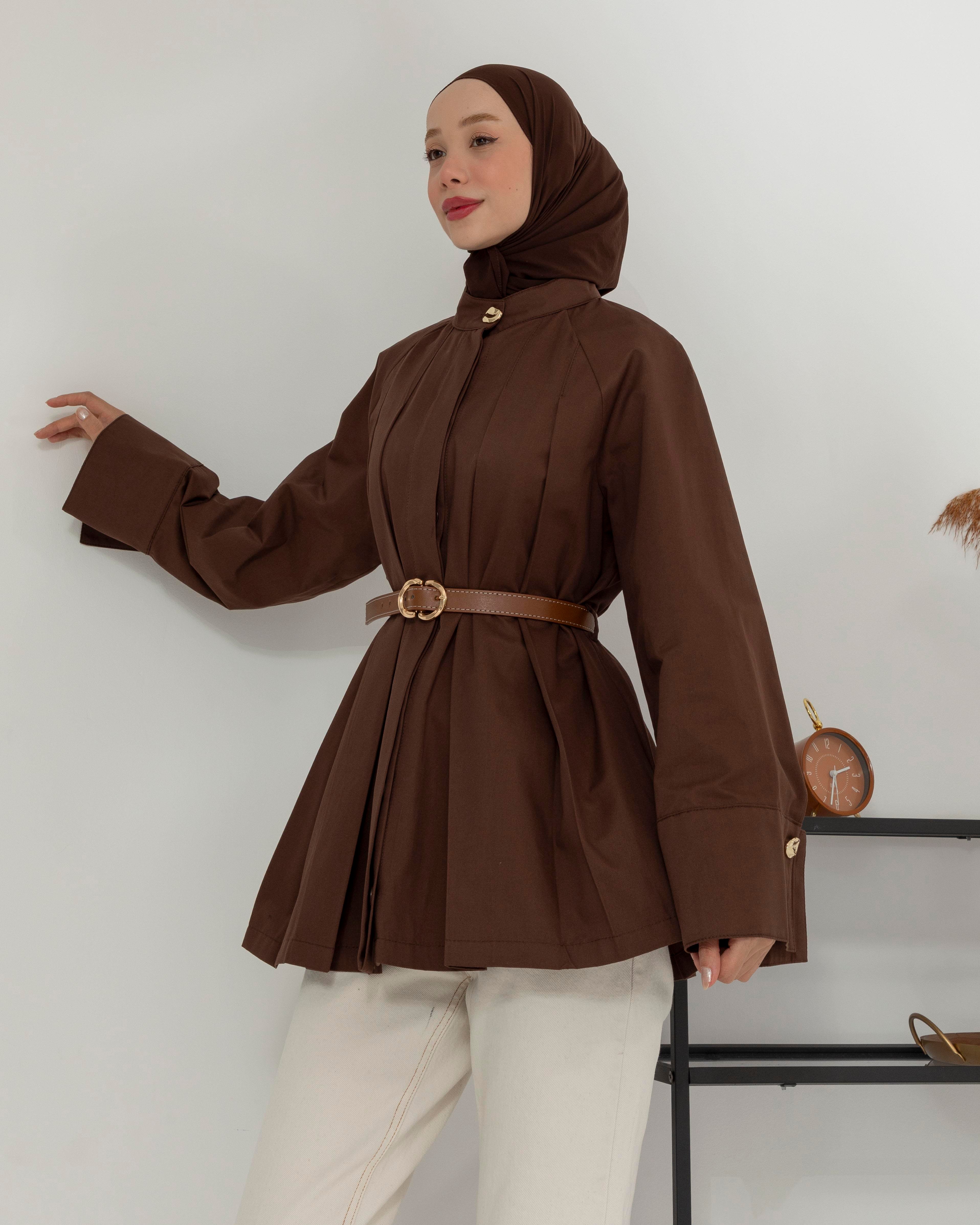 Gizli Düğmeli Kemerli Kahve Trençkot