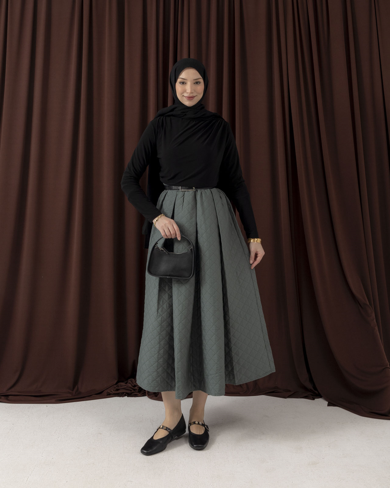 Kapitone Geniş Pileli Mint Yeşili Etek