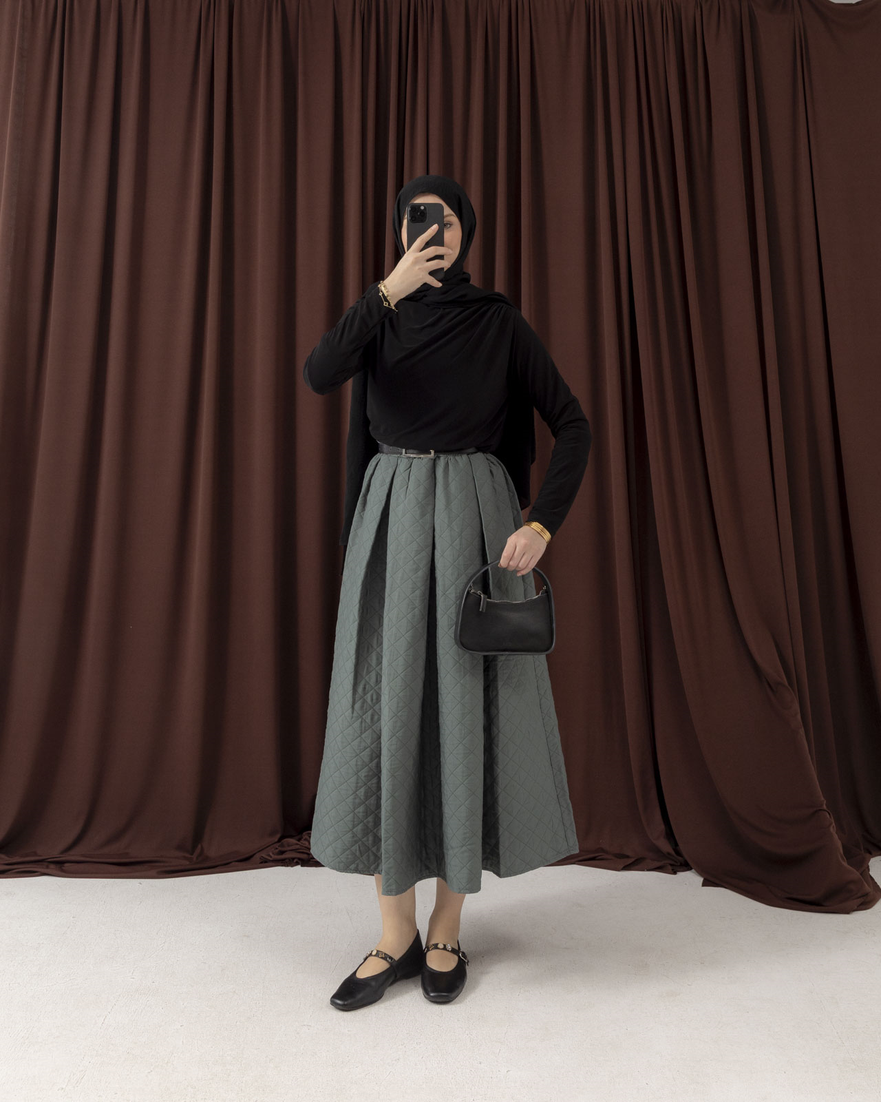 Kapitone Geniş Pileli Mint Yeşili Etek