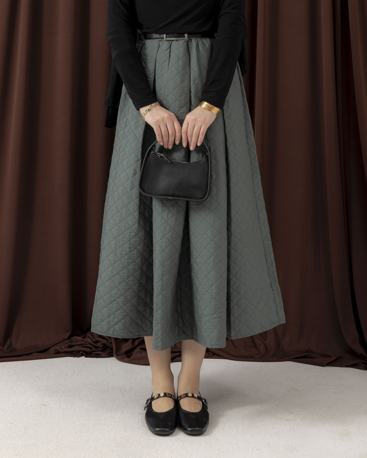 Kapitone Geniş Pileli Mint Yeşili Etek