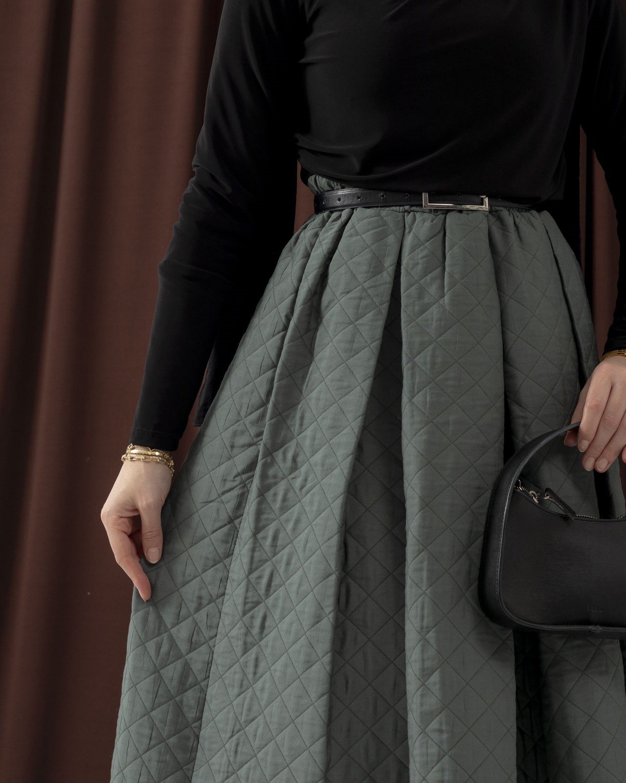 Kapitone Geniş Pileli Mint Yeşili Etek