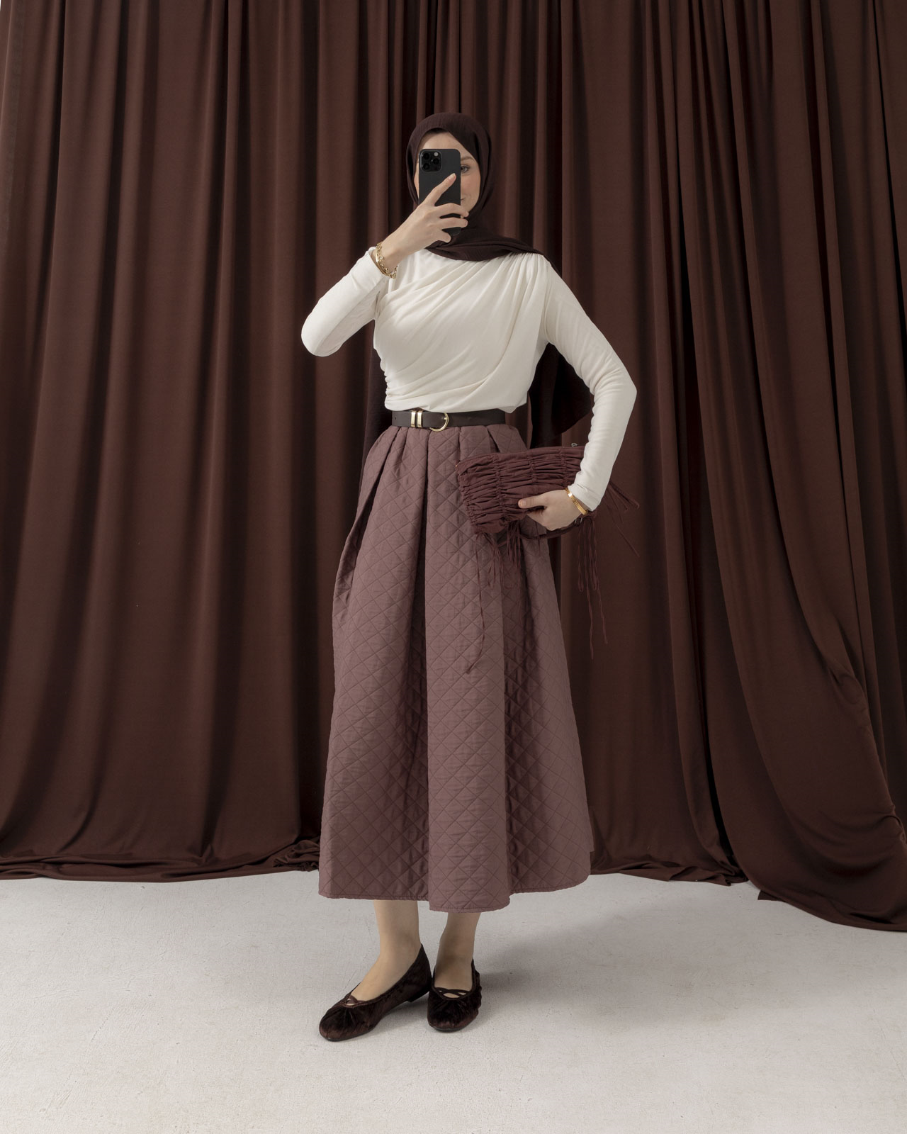 Kapitone Geniş Pileli Mürdüm Etek