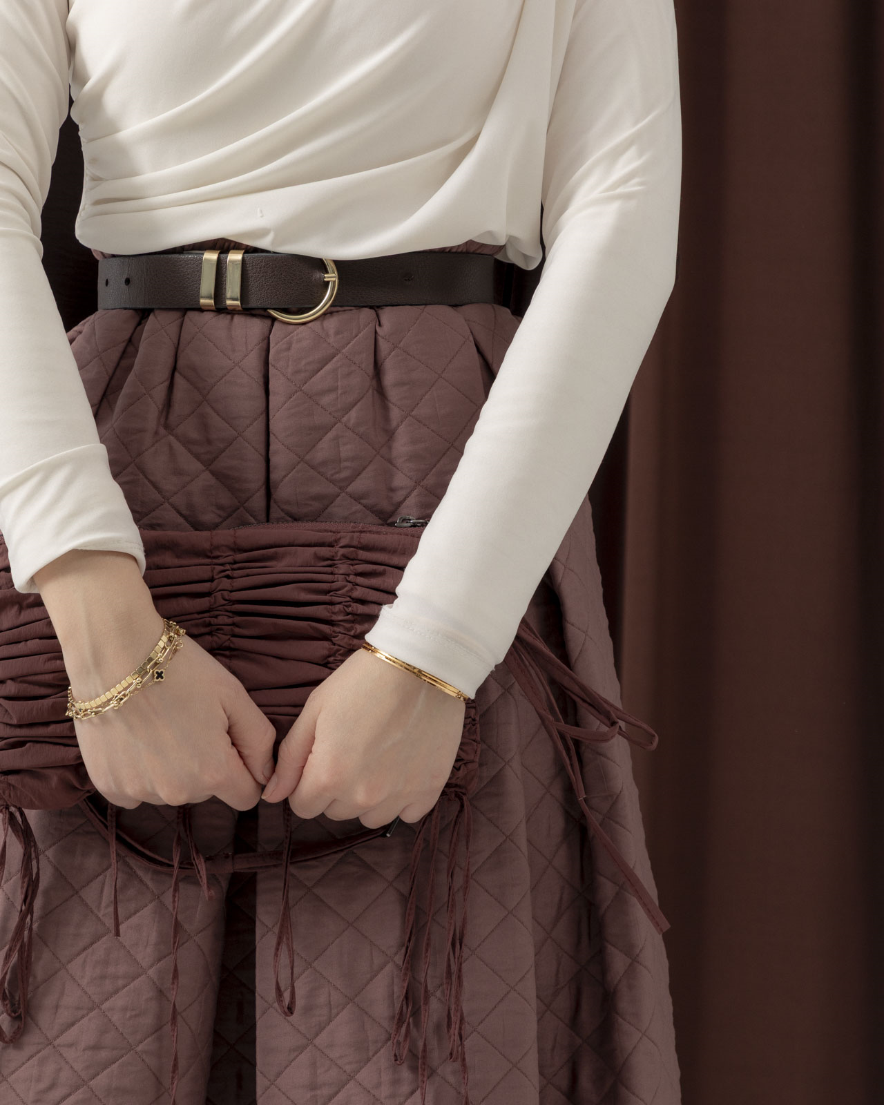 Kapitone Geniş Pileli Mürdüm Etek