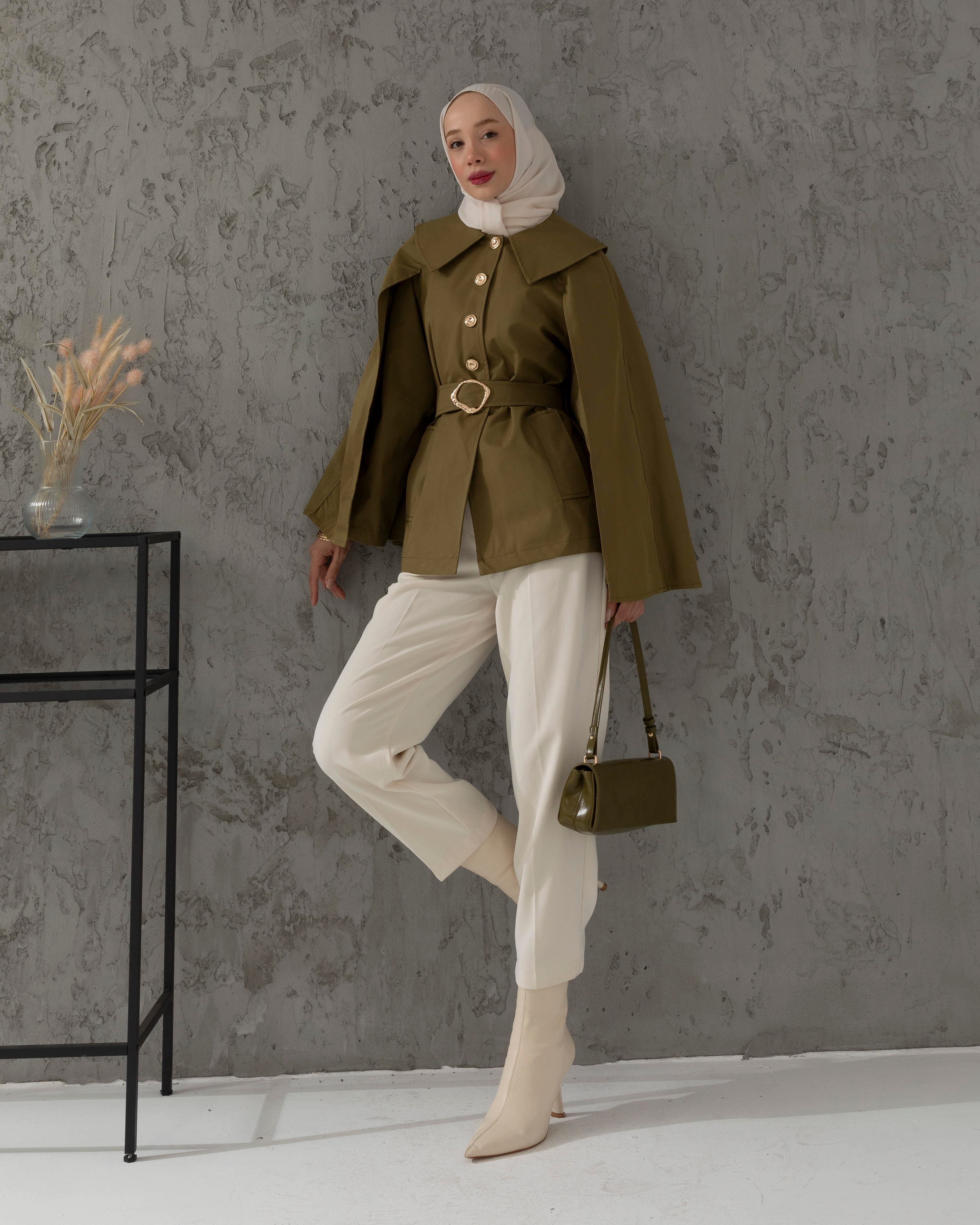 Kemeri Tokalı Haki Trençkot