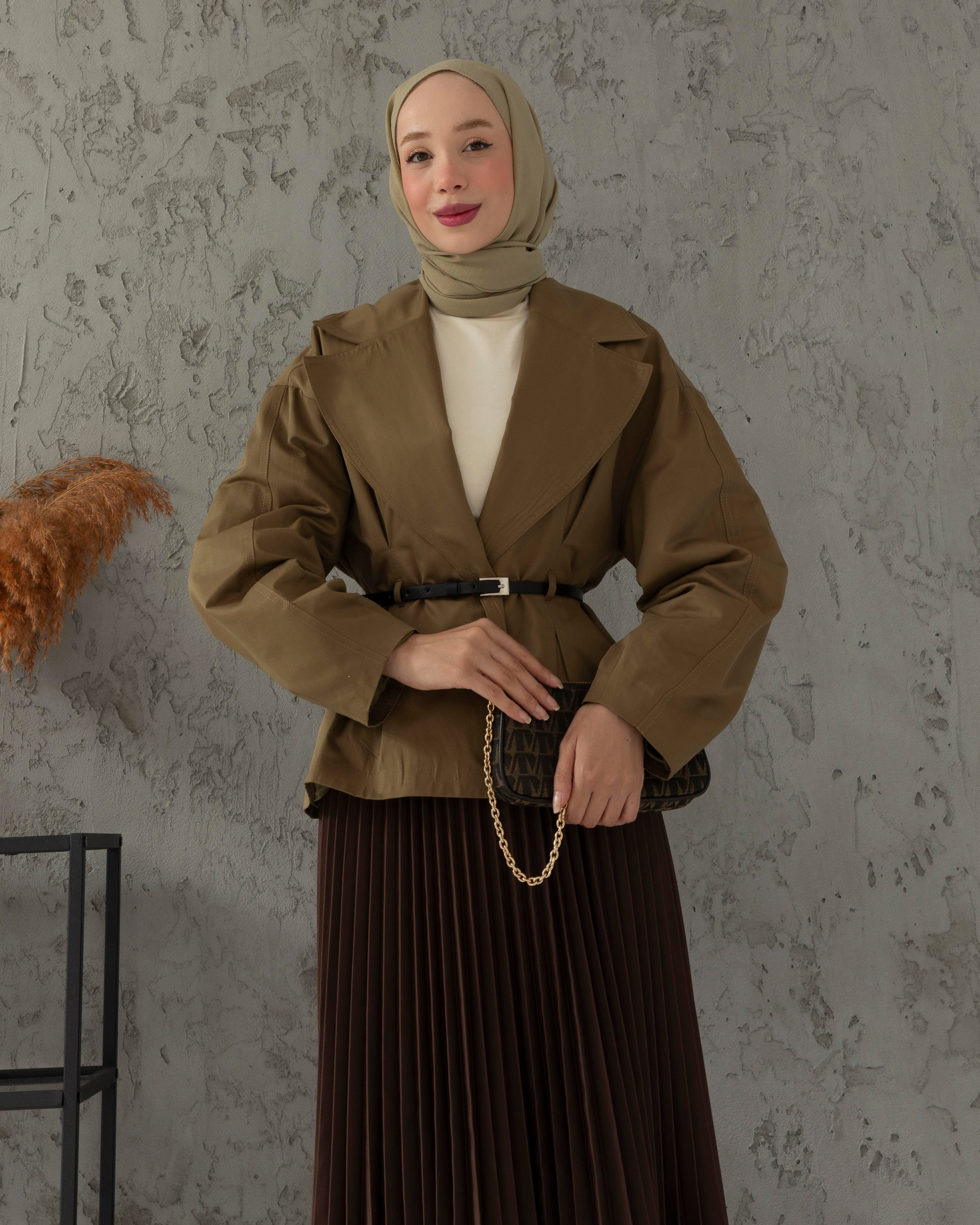 Kemerli Haki Kısa Trençkot