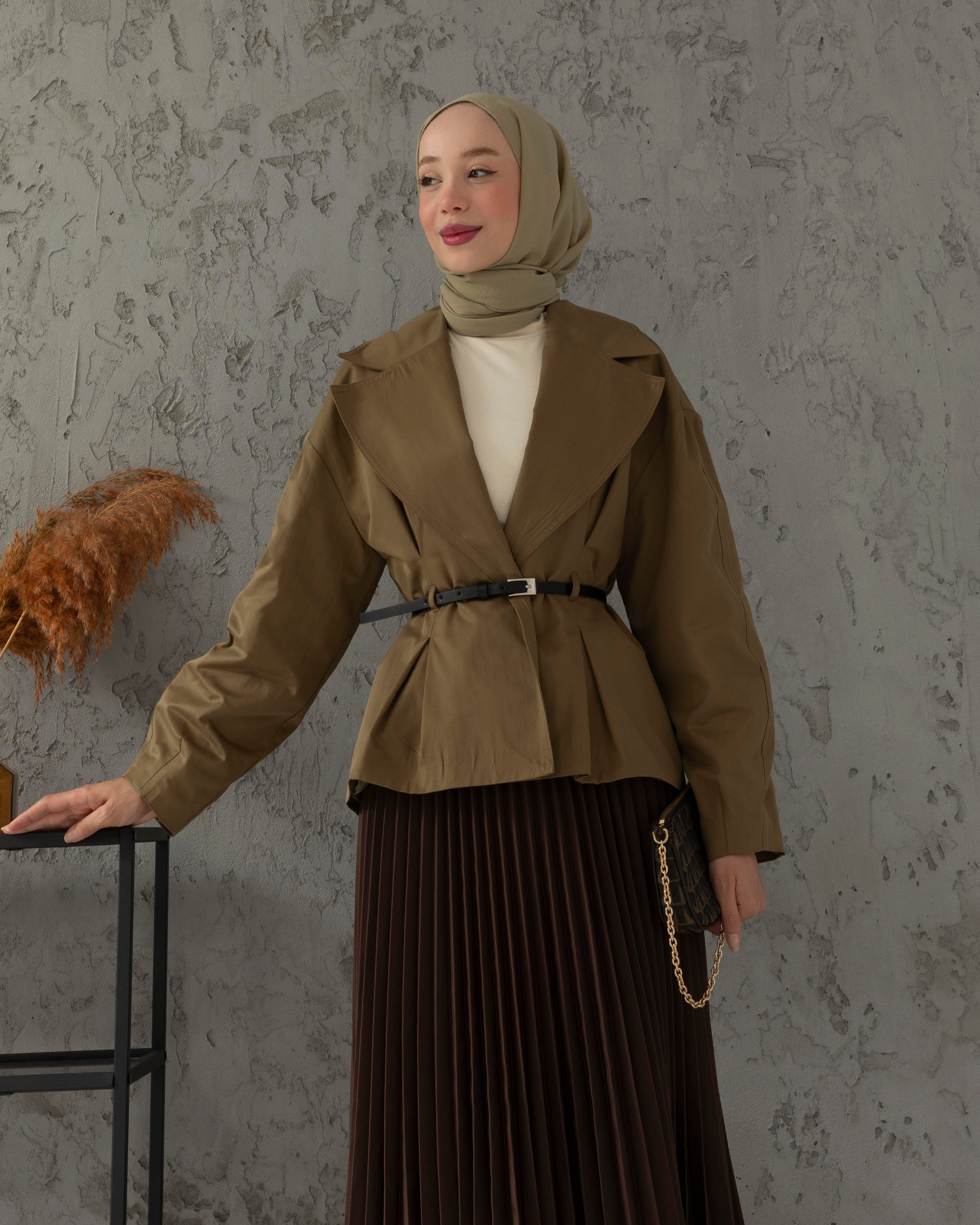 Kemerli Haki Kısa Trençkot