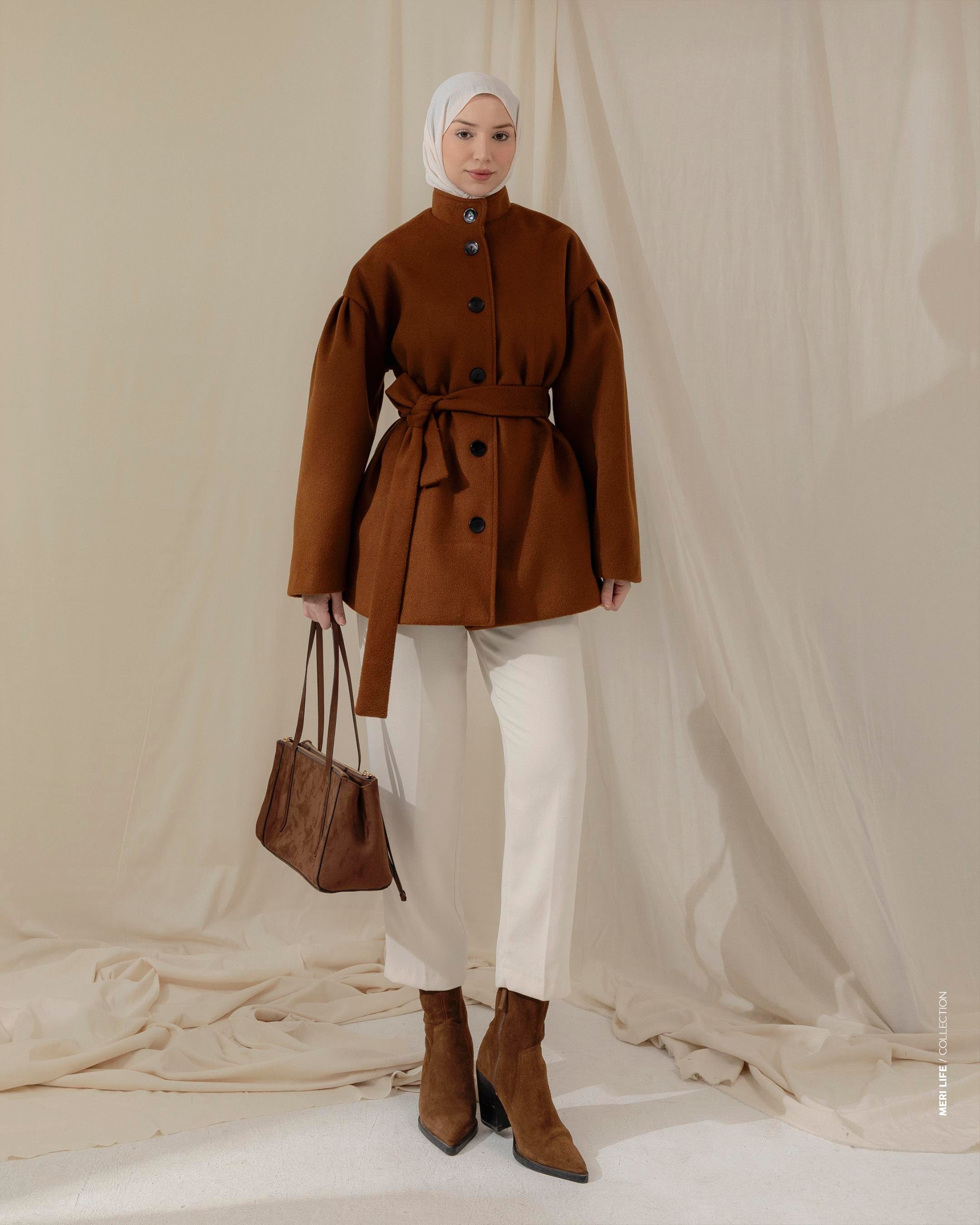 Kemerli Kahve Kaşe Kaban