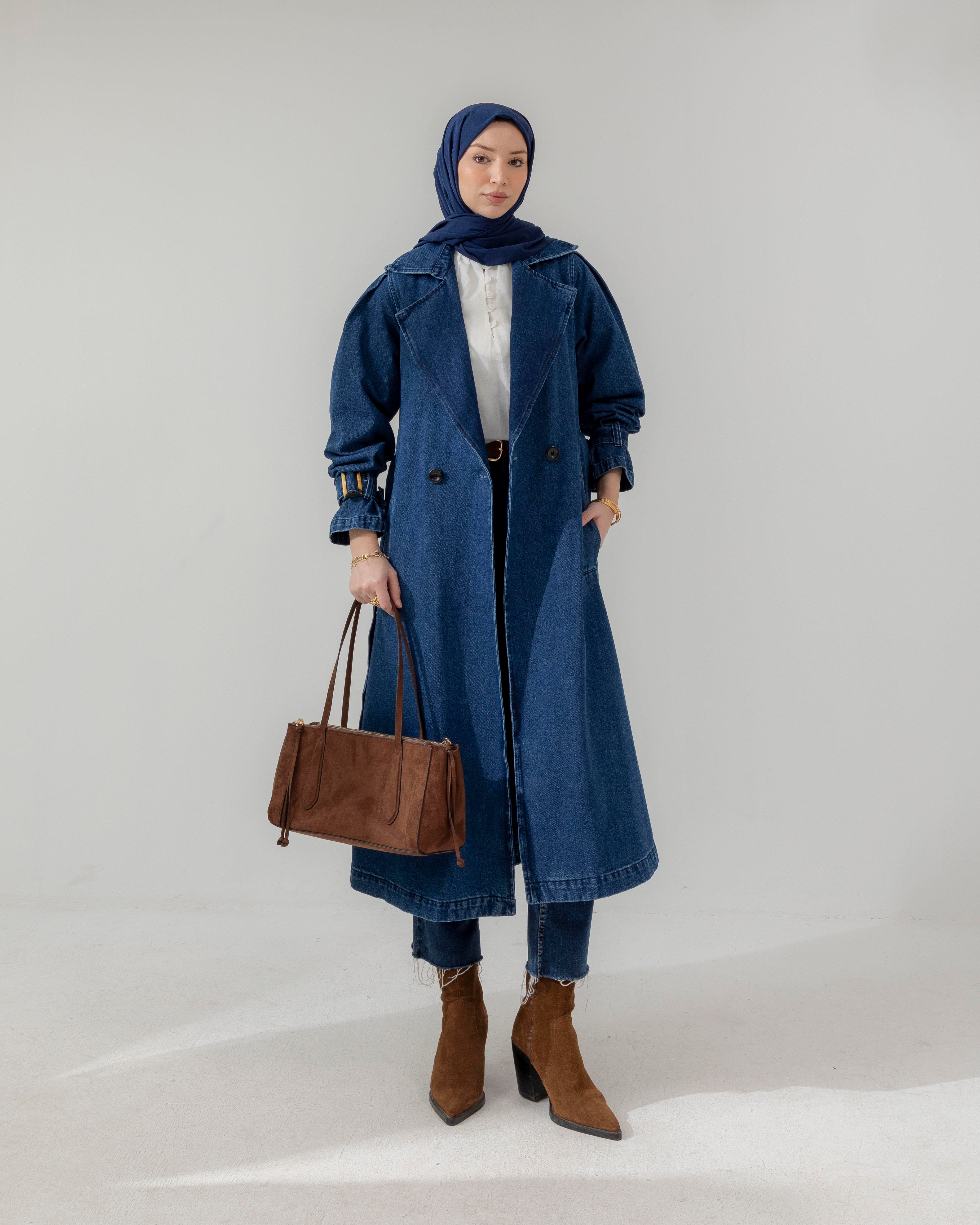 Kemerli Lacivert Denim Ceket