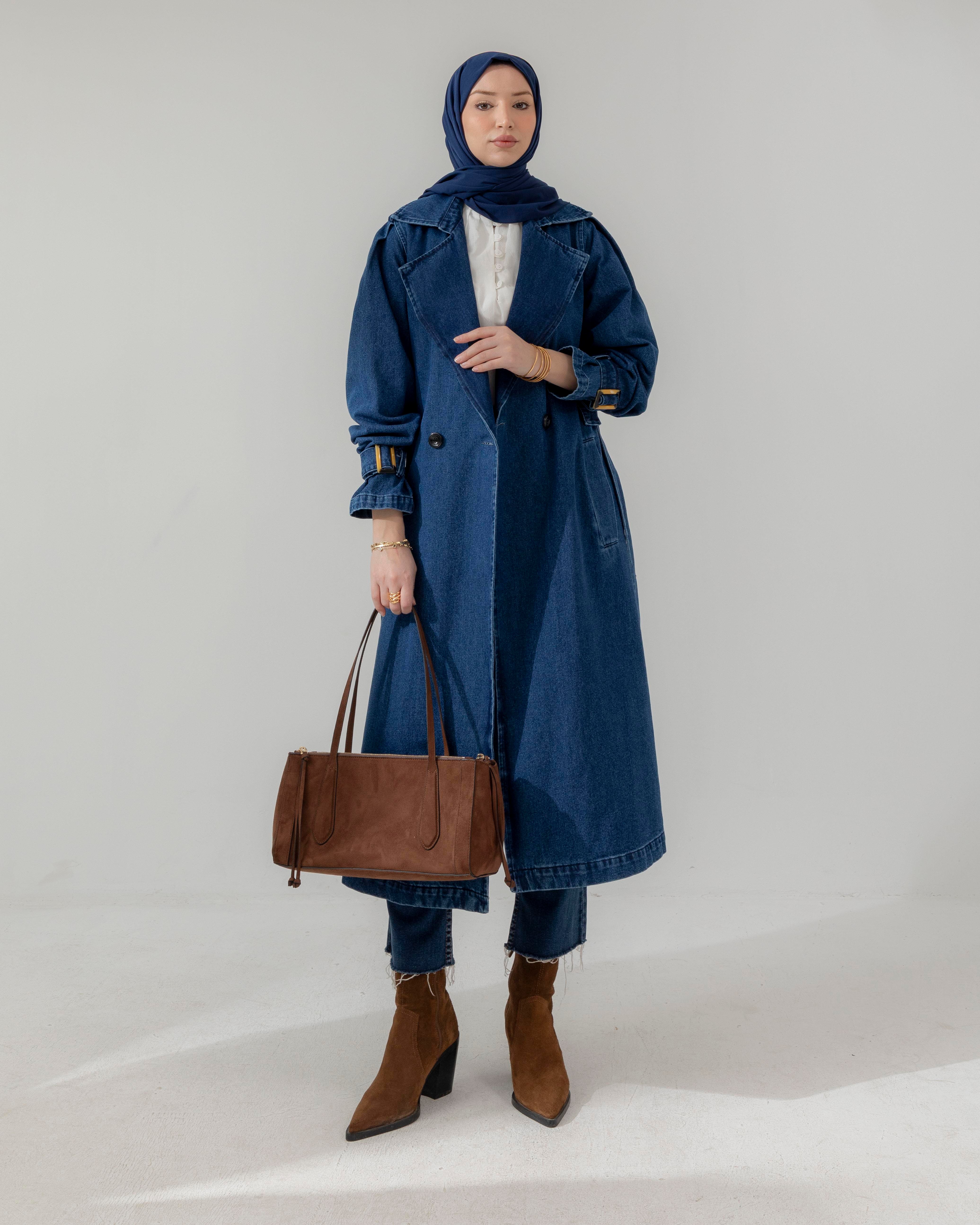 Kemerli Lacivert Denim Ceket