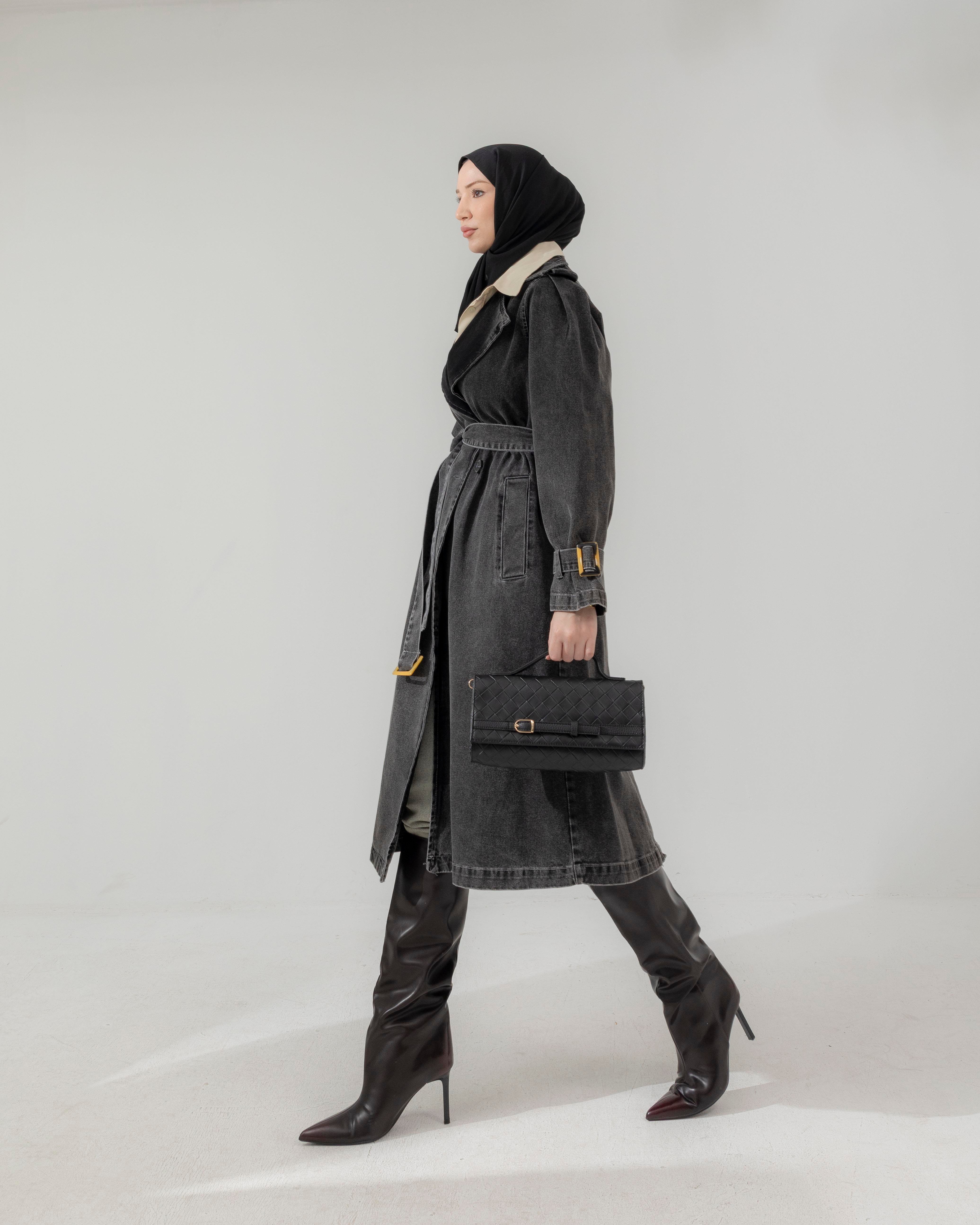 Kemerli Siyah Denim Ceket