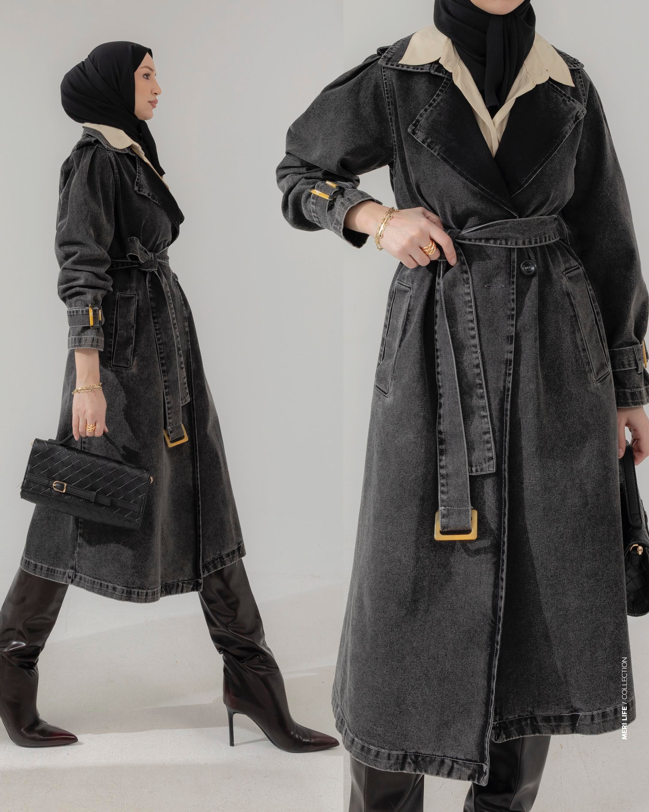 Kemerli Siyah Denim Ceket