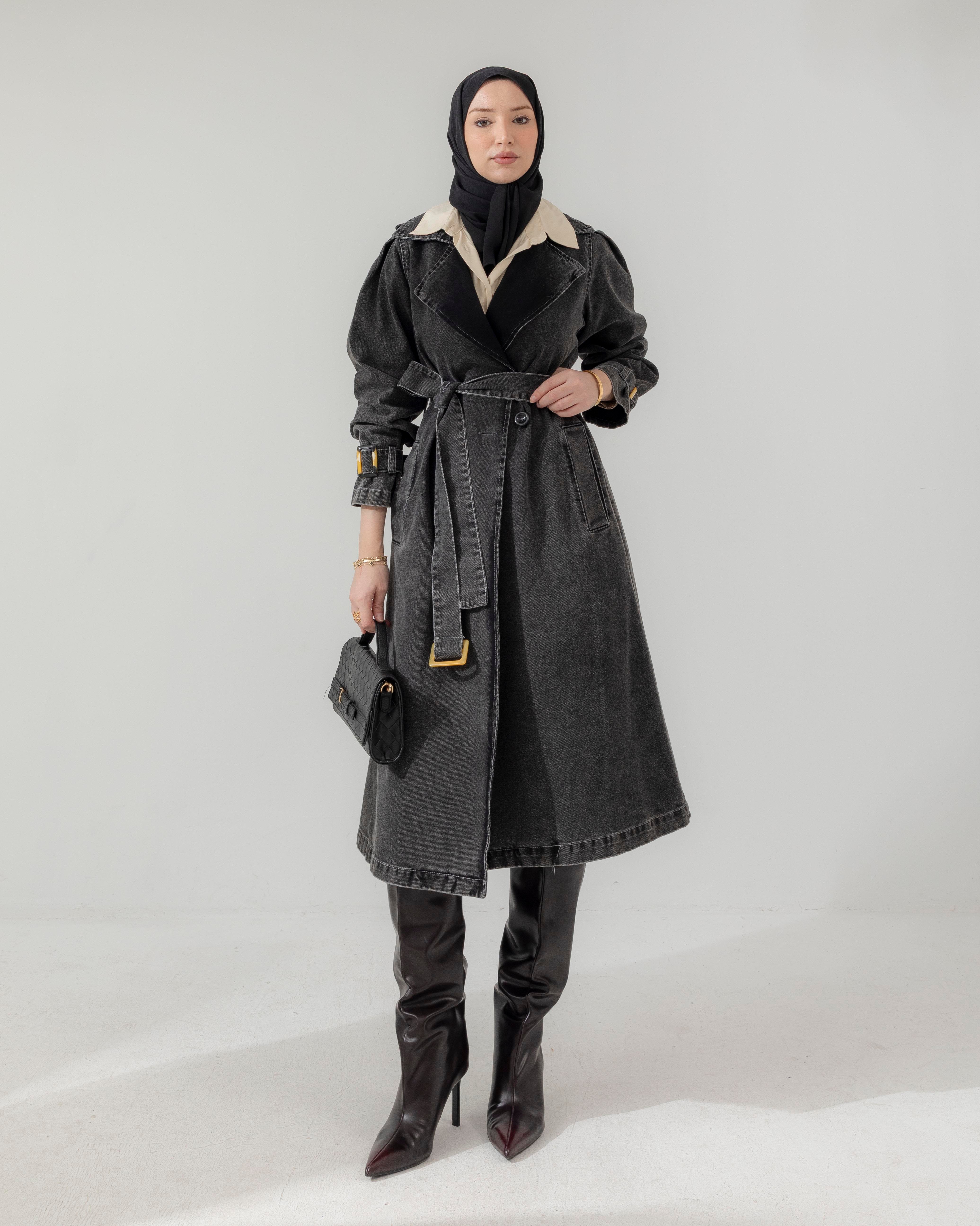 Kemerli Siyah Denim Ceket