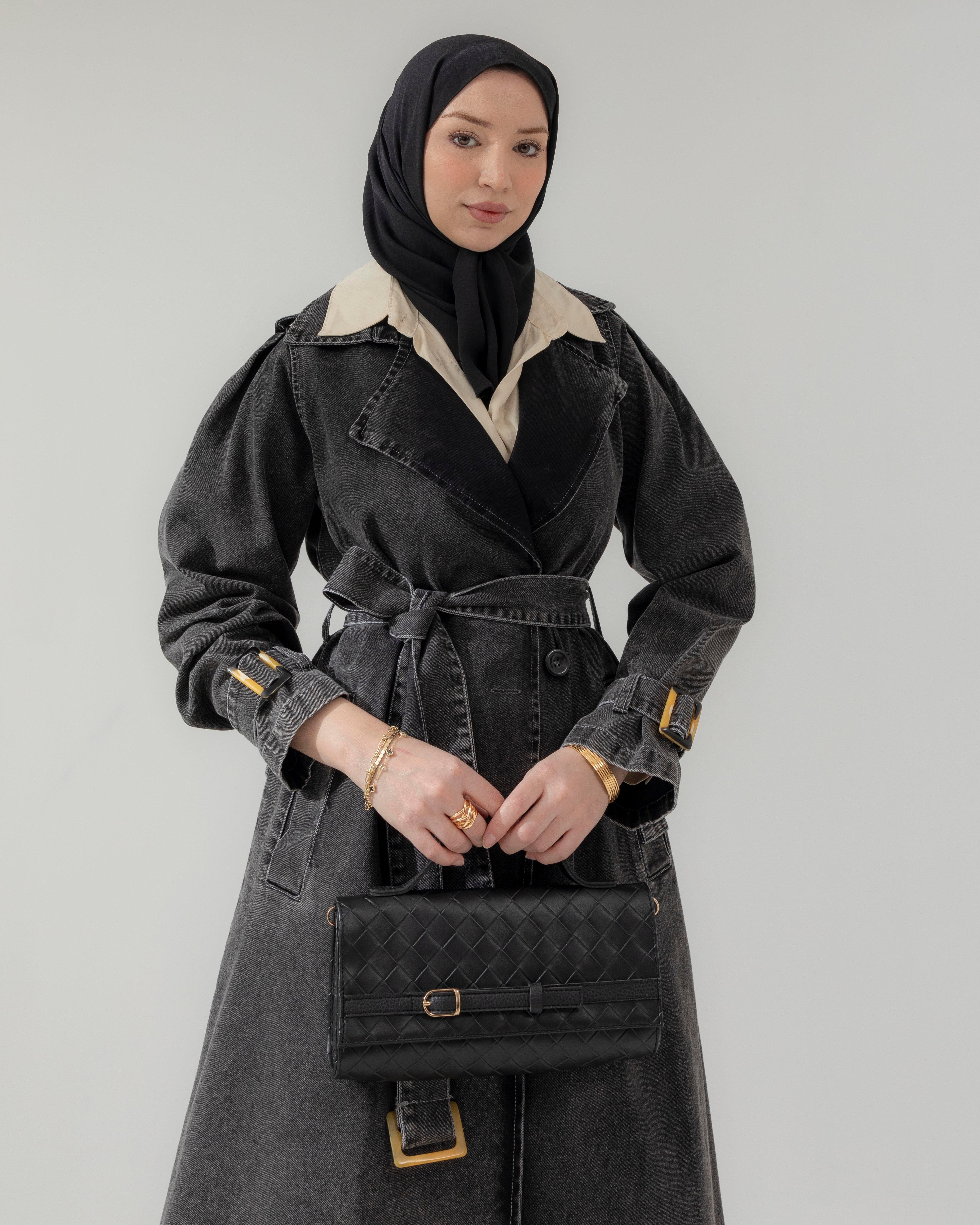 Kemerli Siyah Denim Ceket