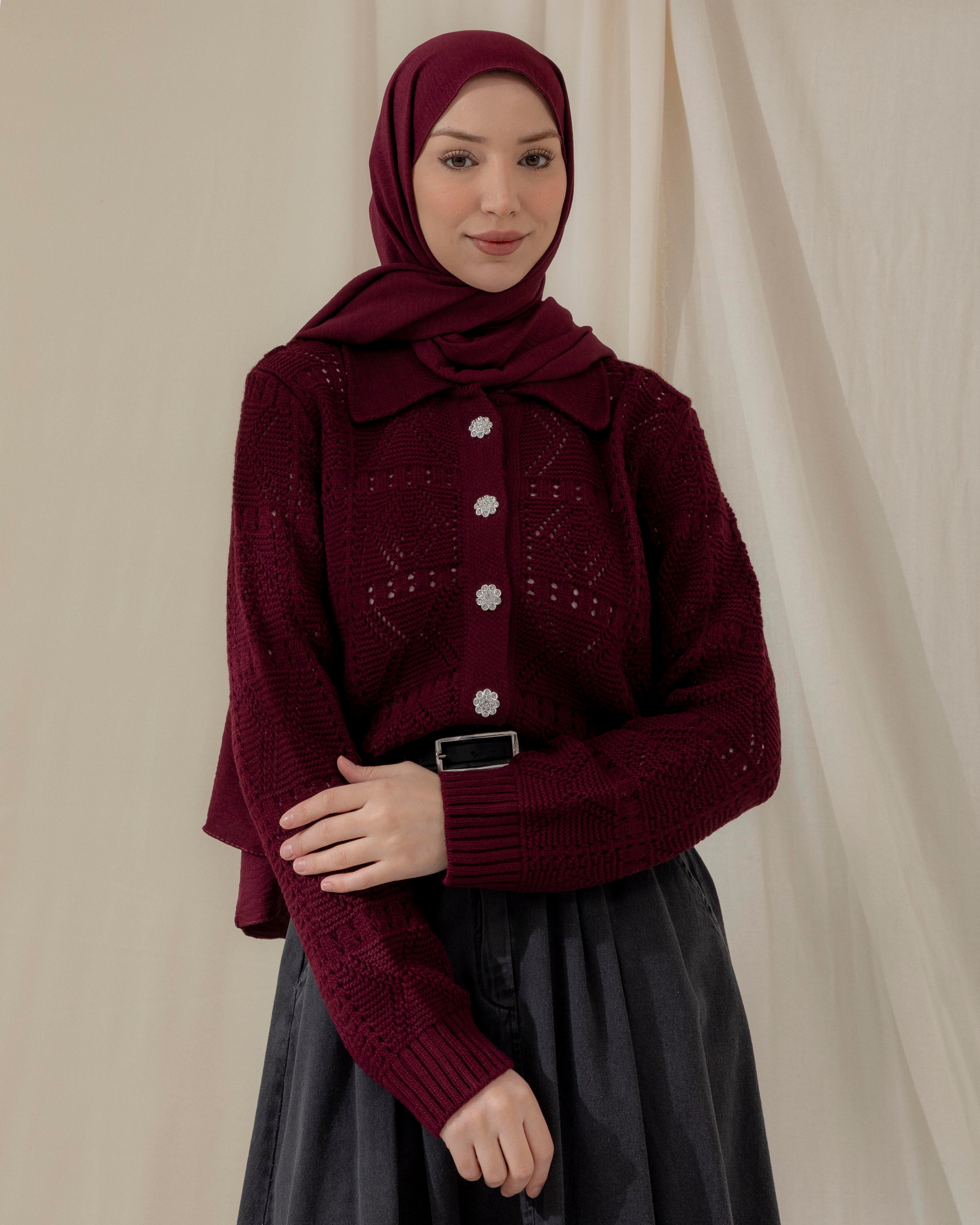 Örgü Desenli Bordo Triko Hırka