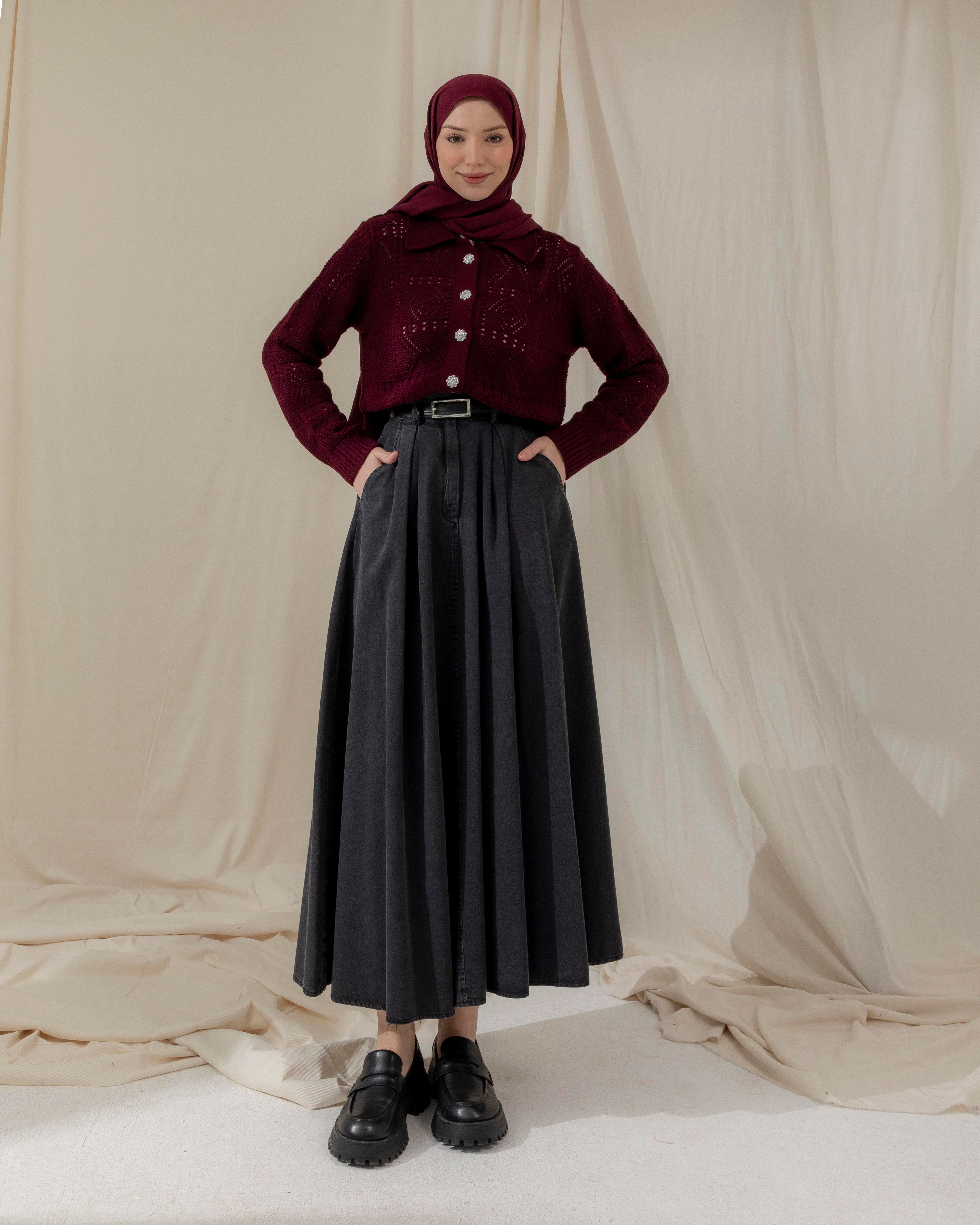 Örgü Desenli Bordo Triko Hırka