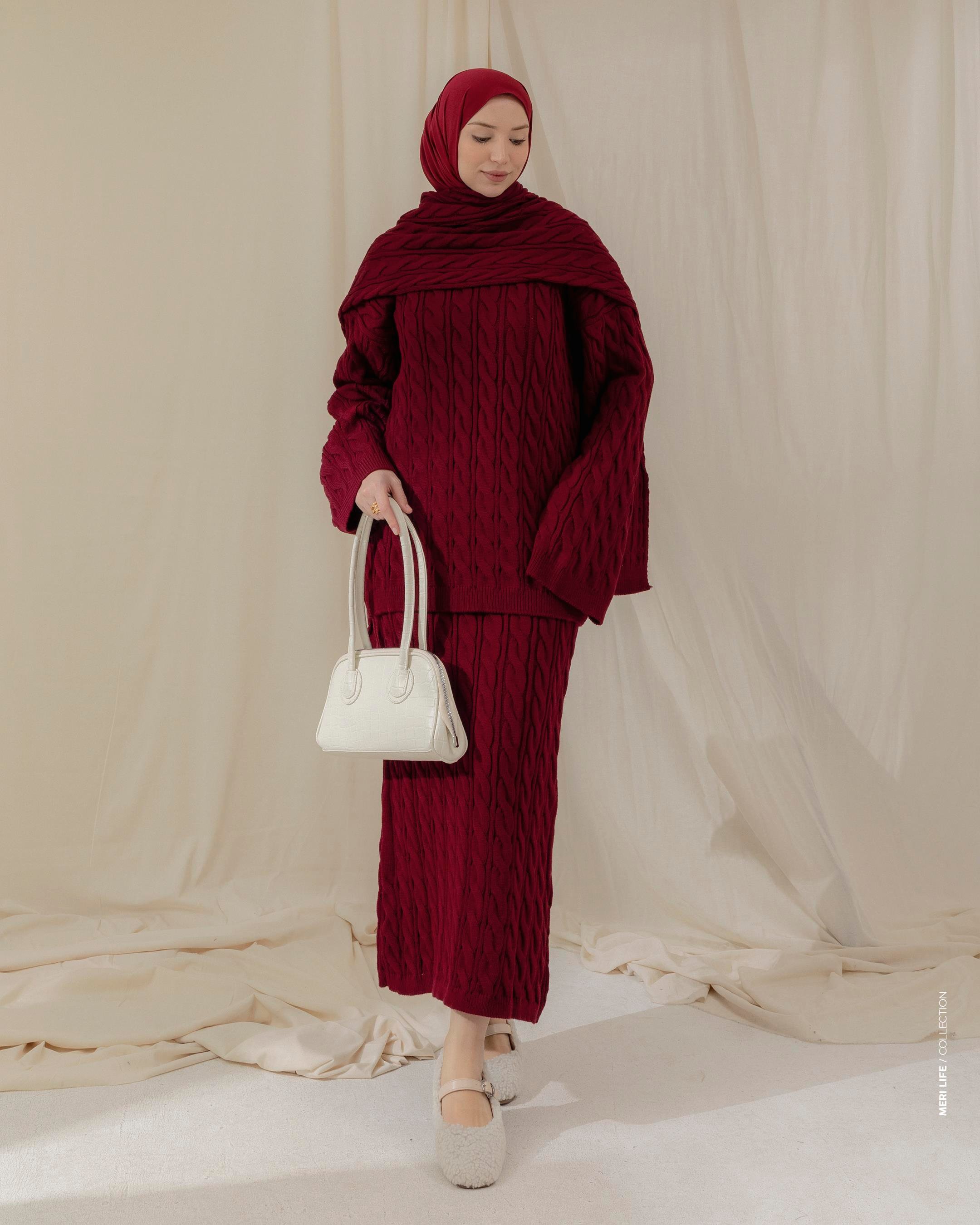 Örgü Desenli Bordo Üçlü Takım