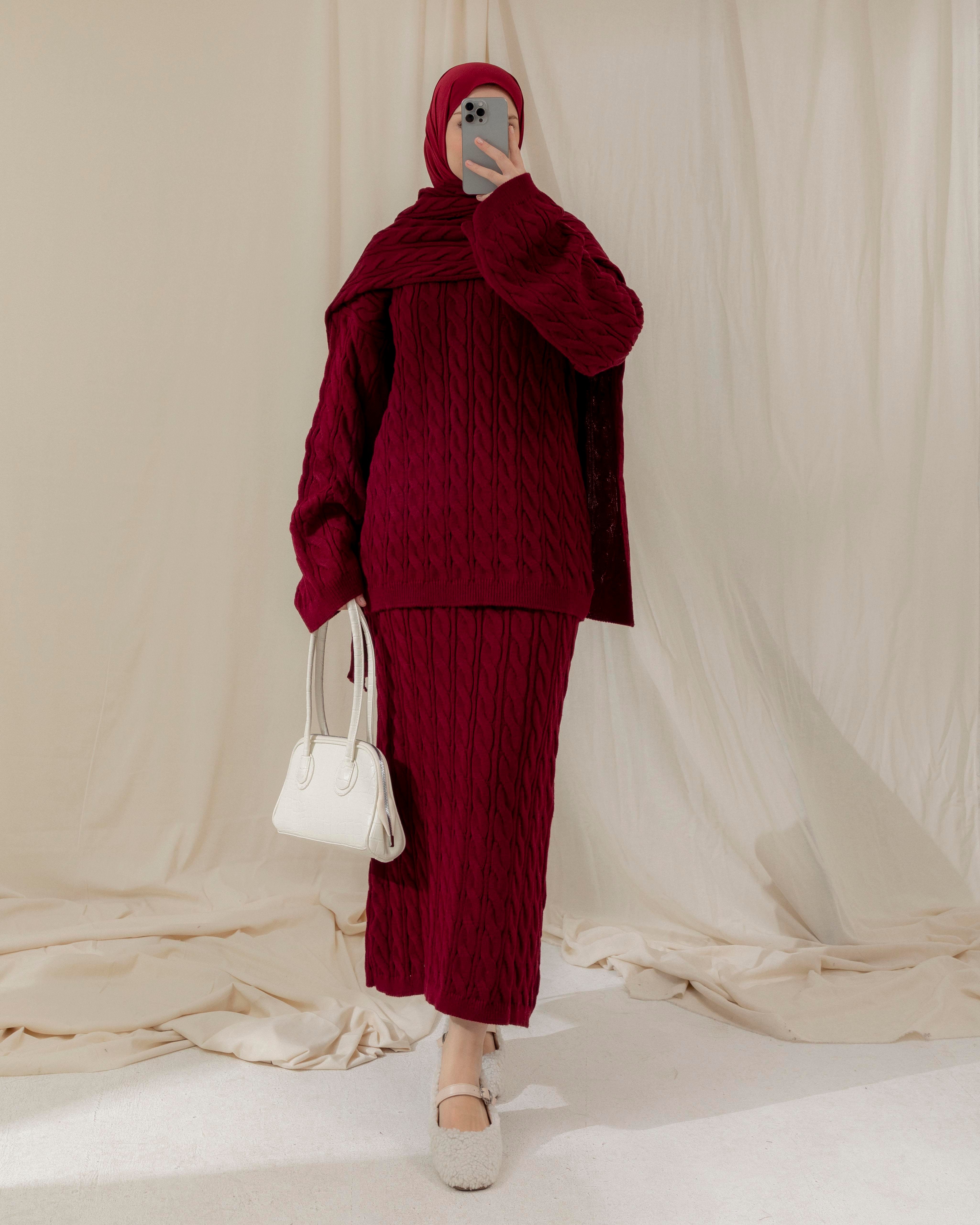 Örgü Desenli Bordo Üçlü Takım