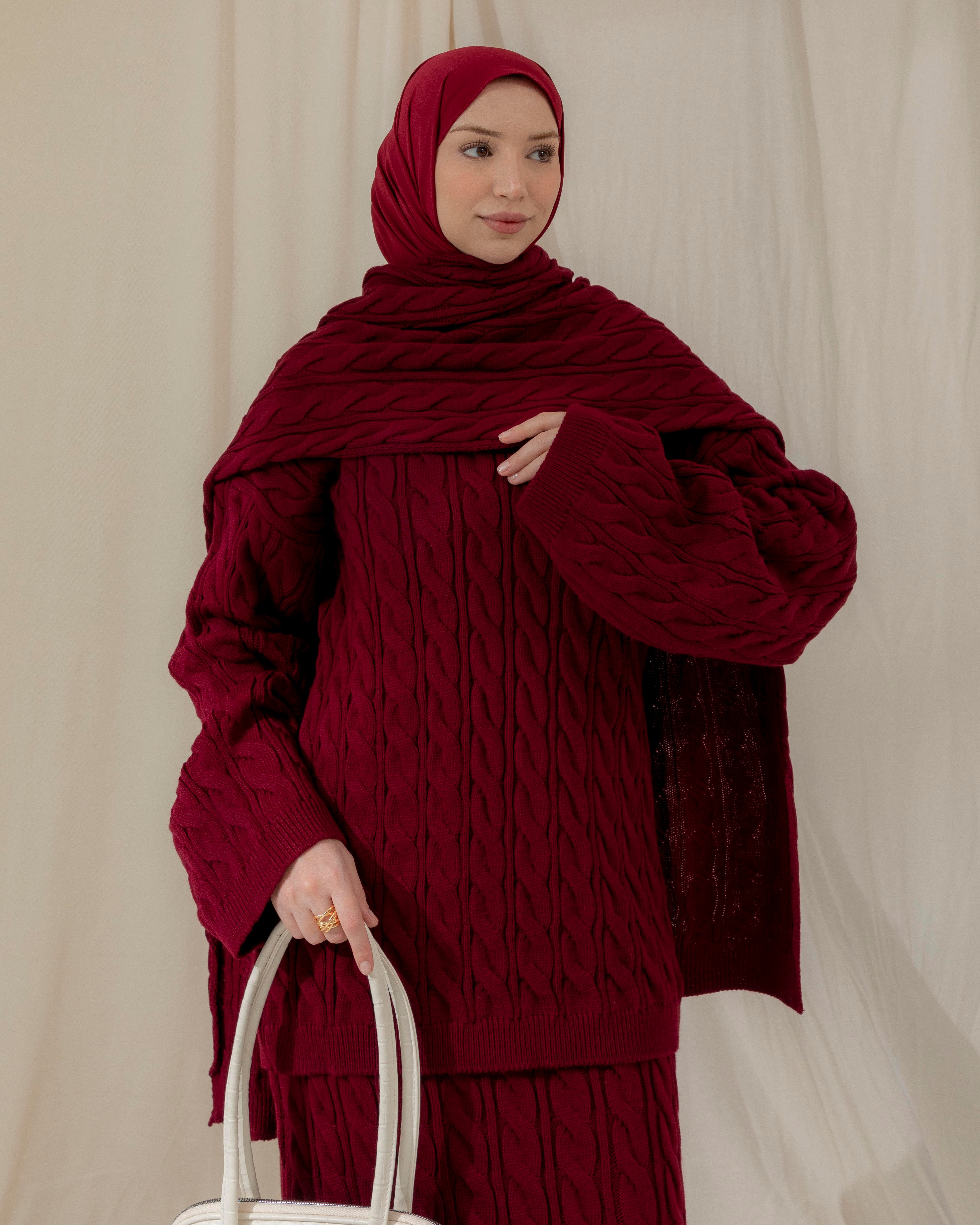 Örgü Desenli Bordo Üçlü Takım