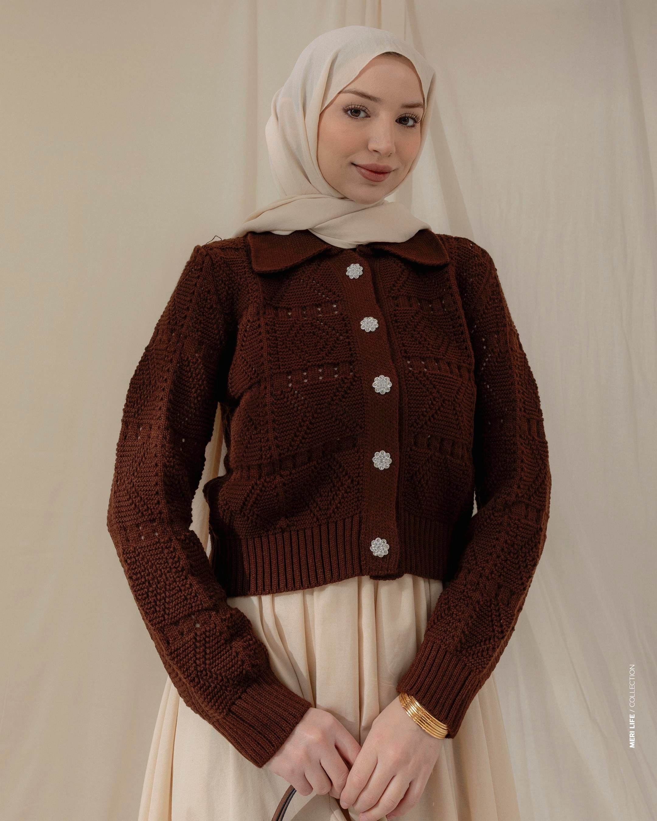 Örgü Desenli Kahve Triko Hırka