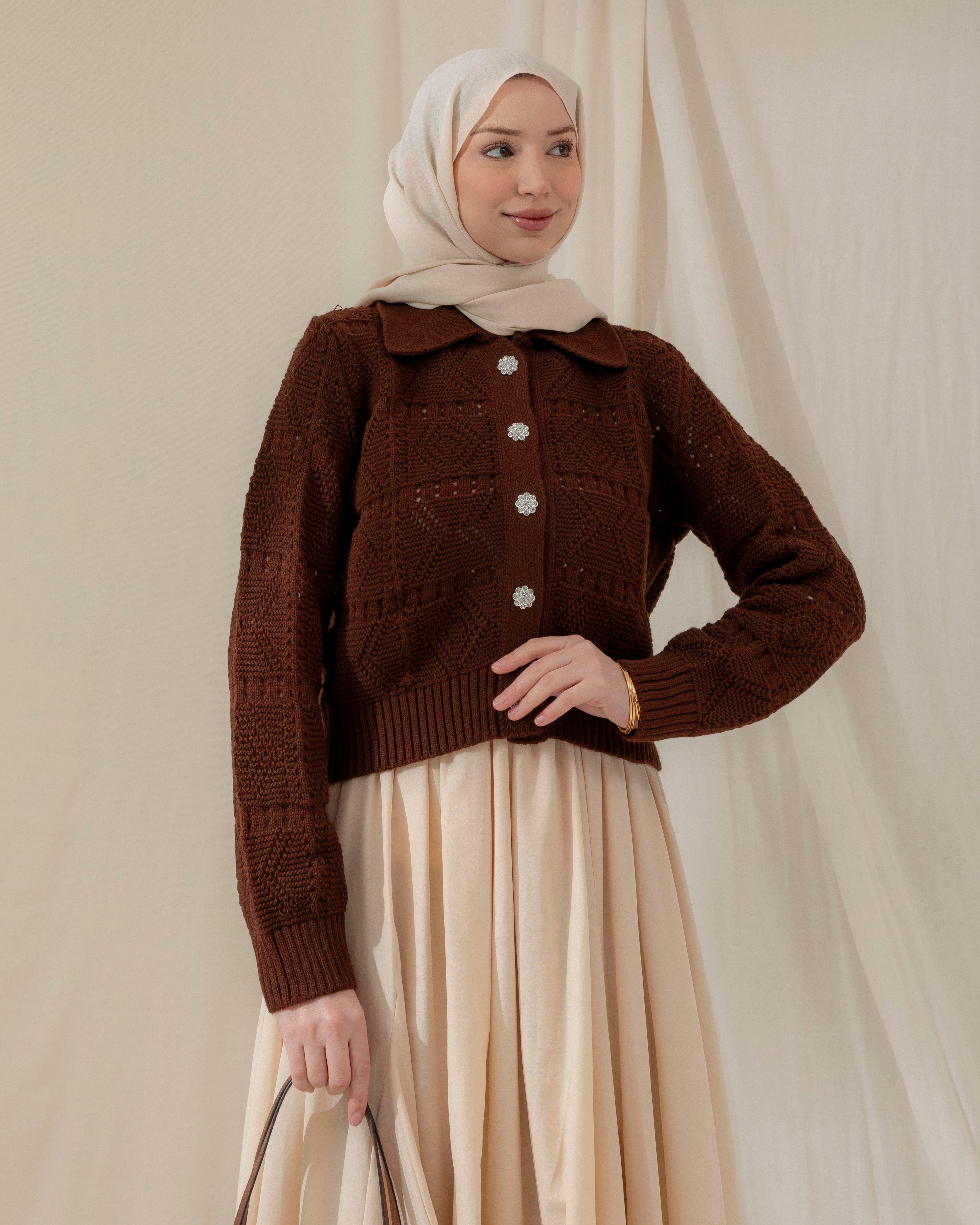 Örgü Desenli Kahve Triko Hırka