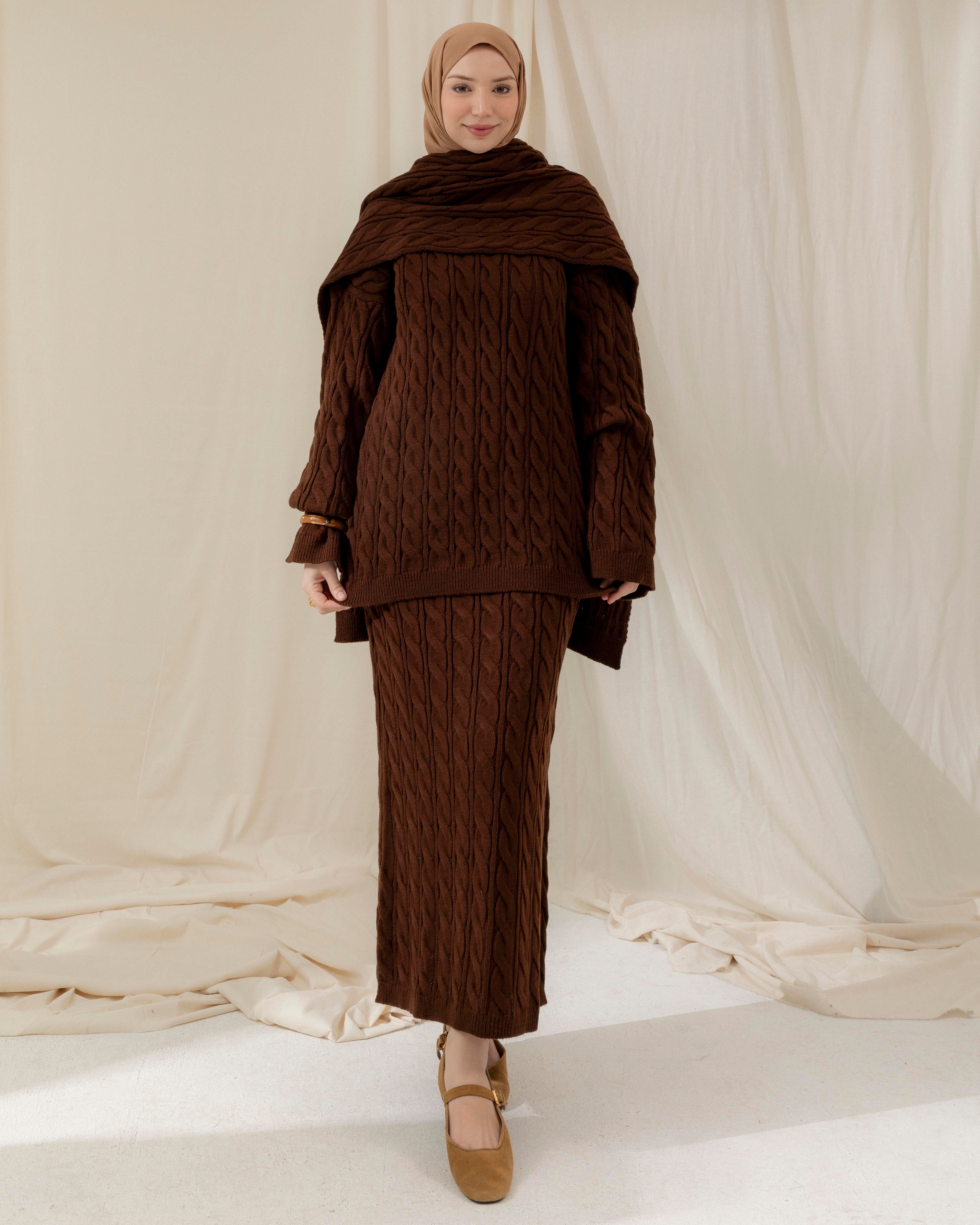 Örgü Desenli Kahve Üçlü Takım