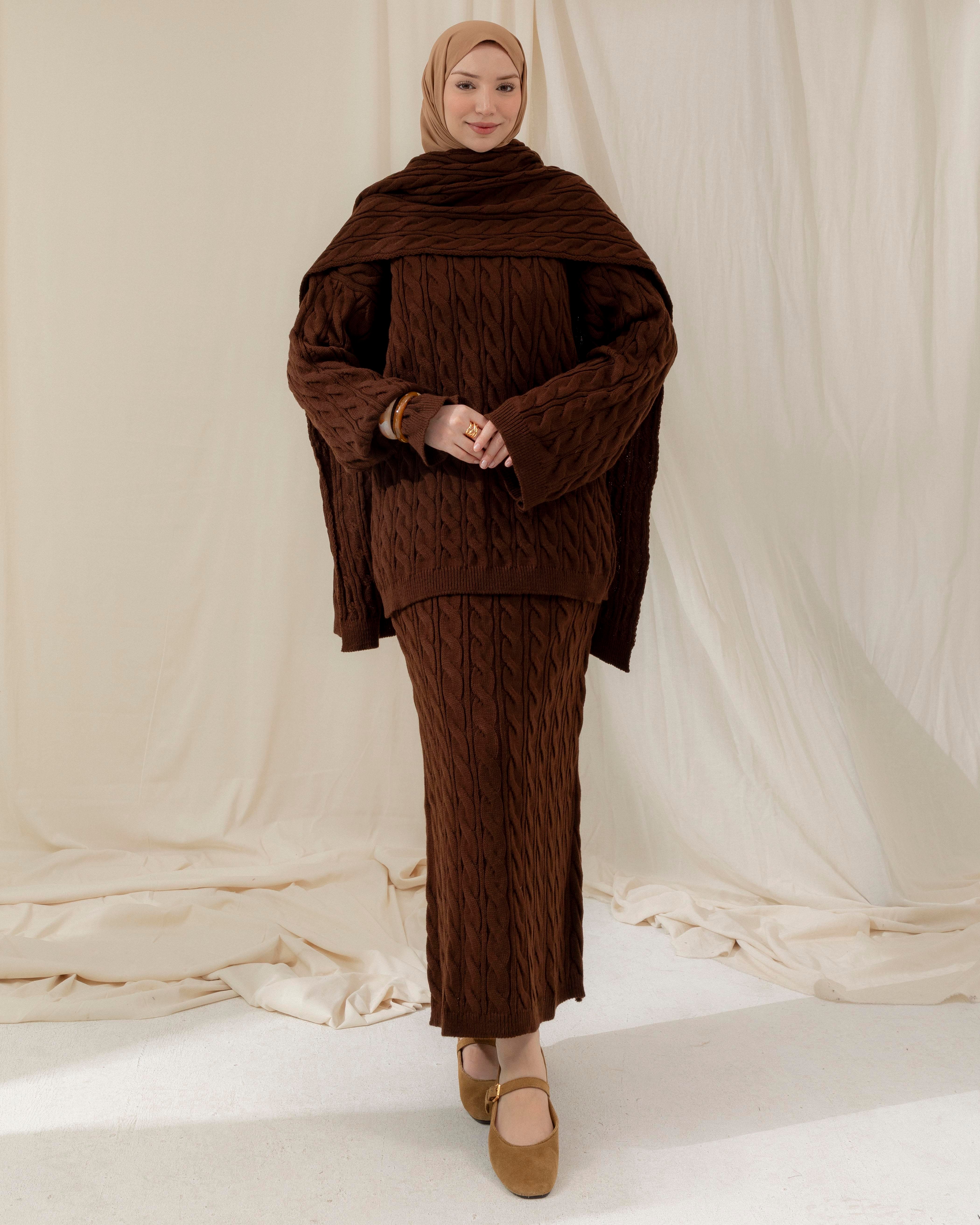 Örgü Desenli Kahve Üçlü Takım