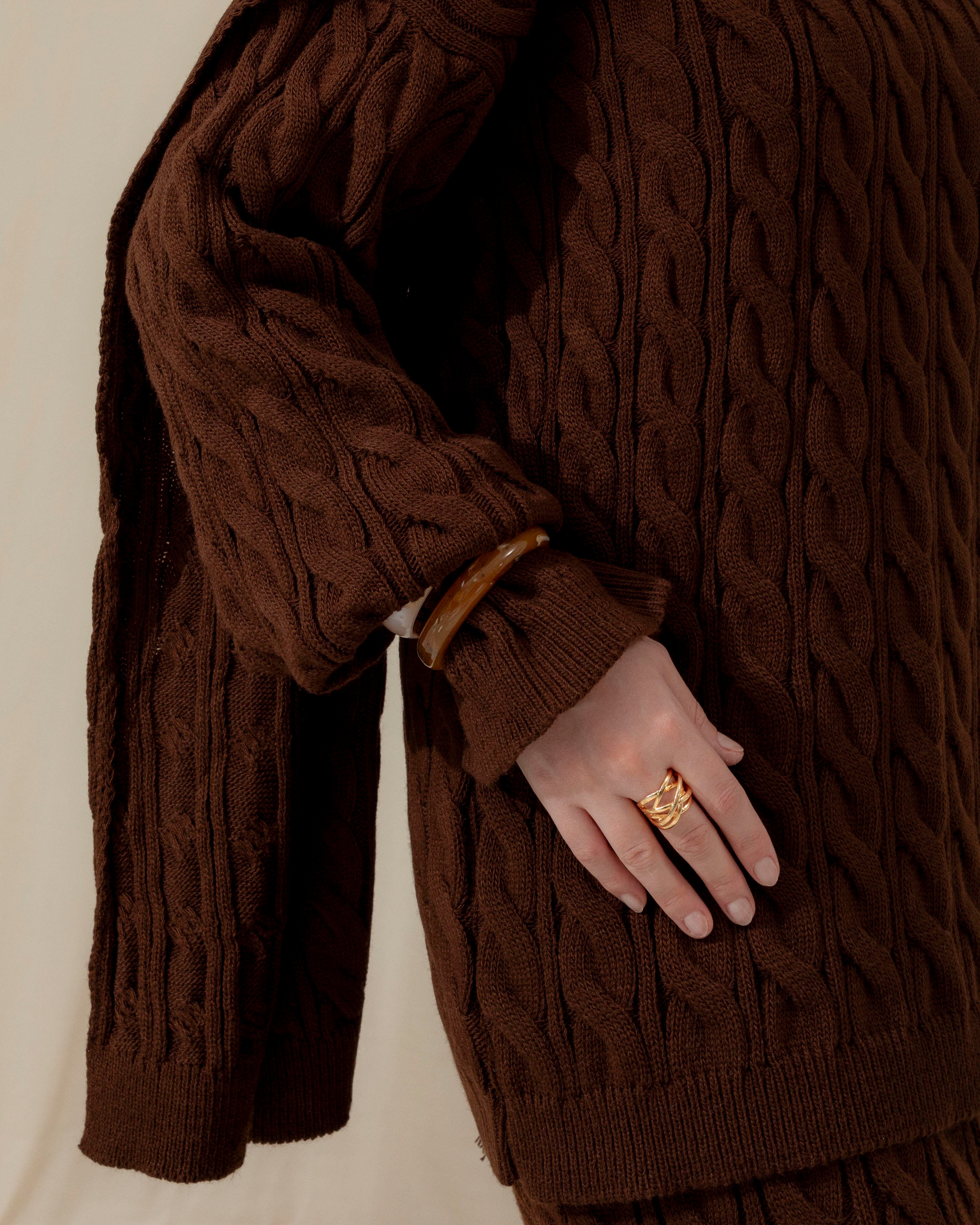 Örgü Desenli Kahve Üçlü Takım