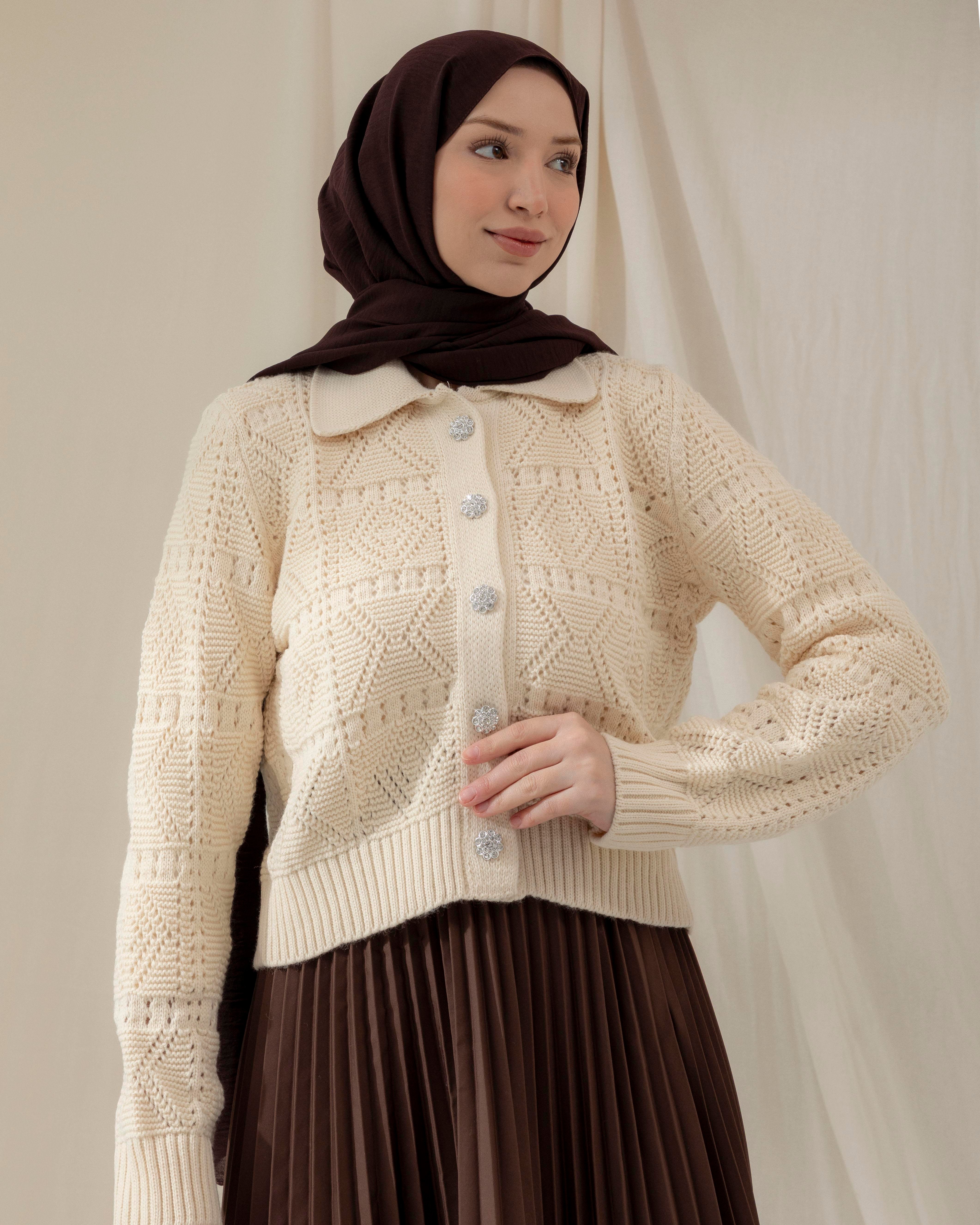 Örgü Desenli Krem Triko Hırka