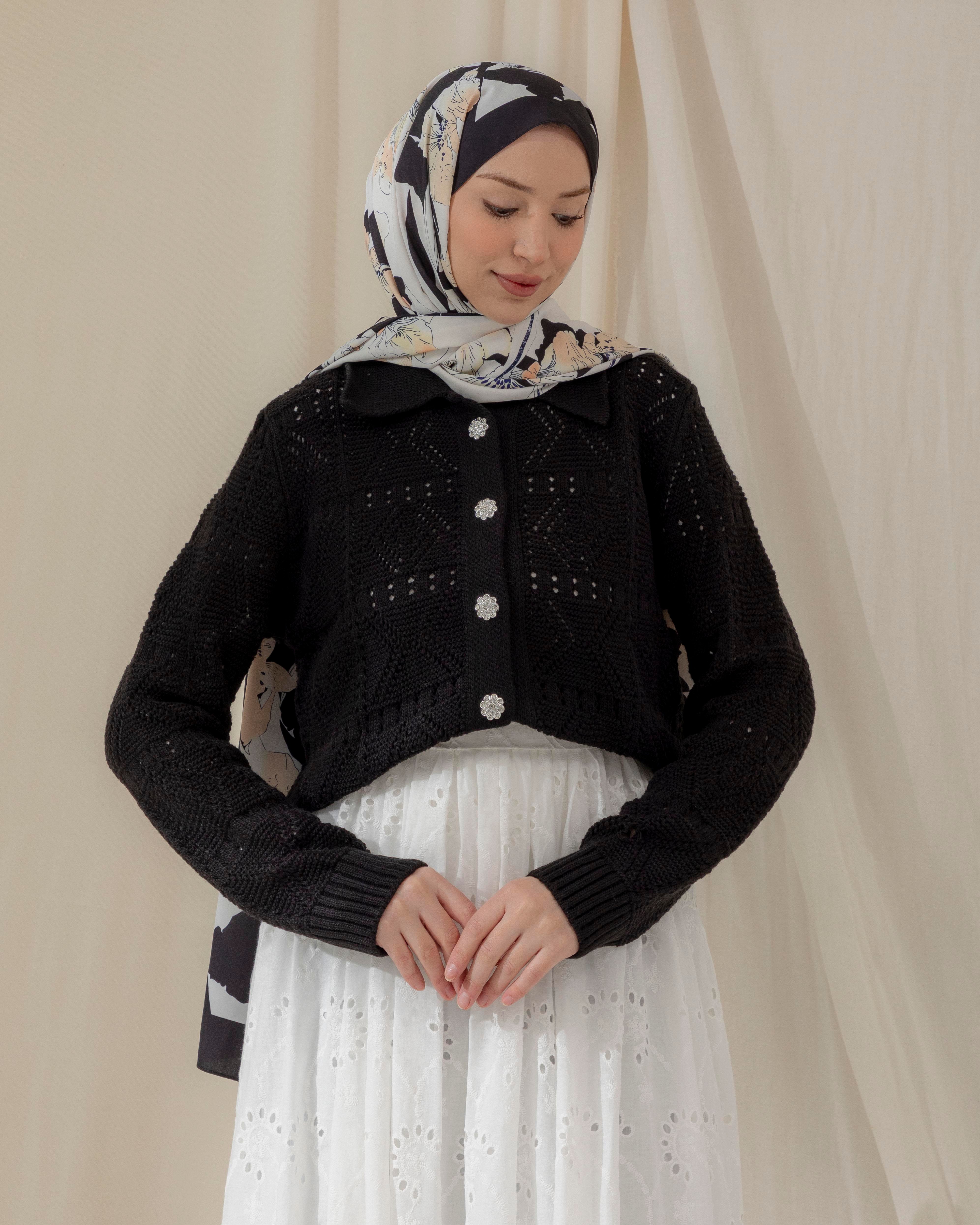 Örgü Desenli Siyah Triko Hırka