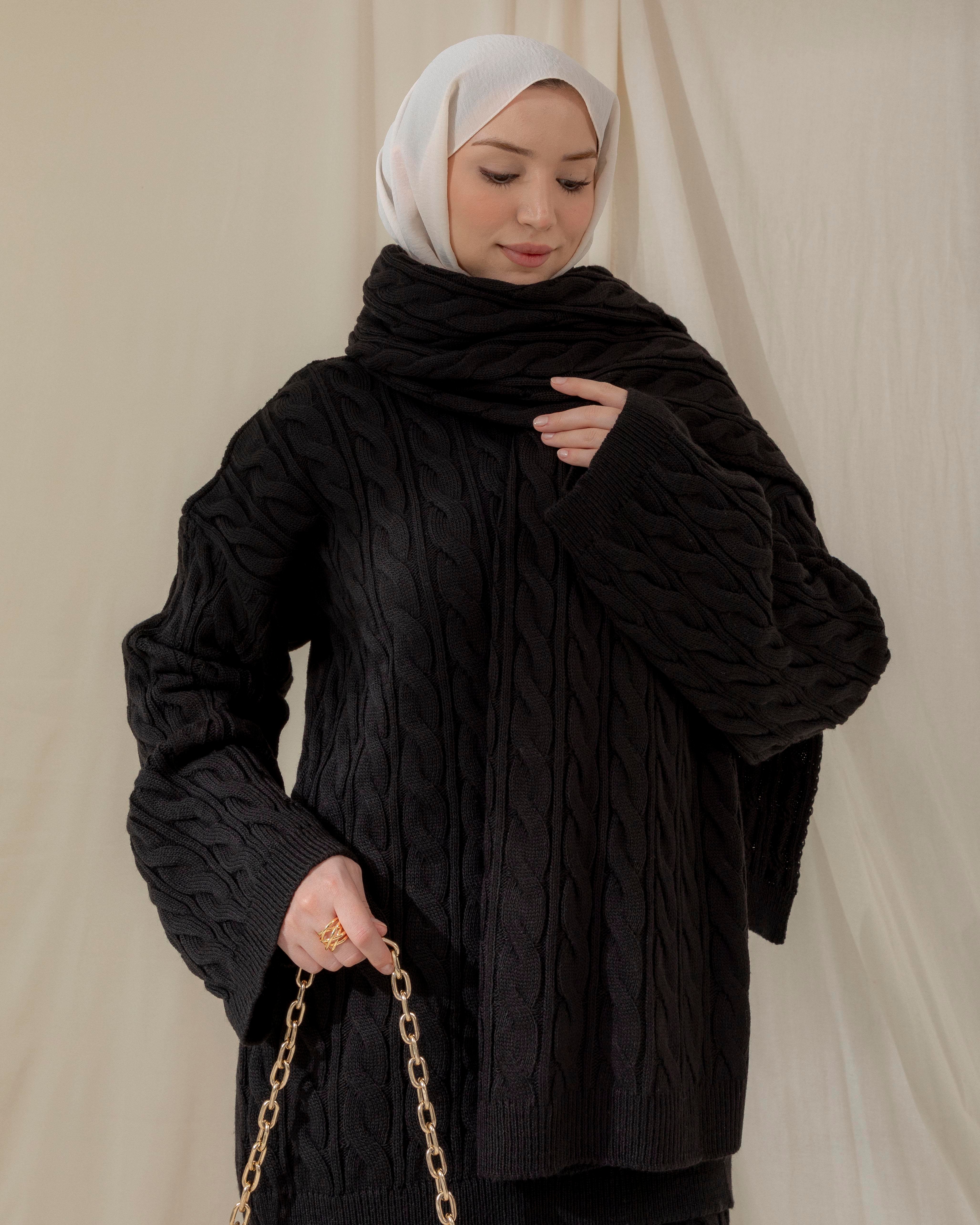 Örgü Desenli Siyah Üçlü Takım