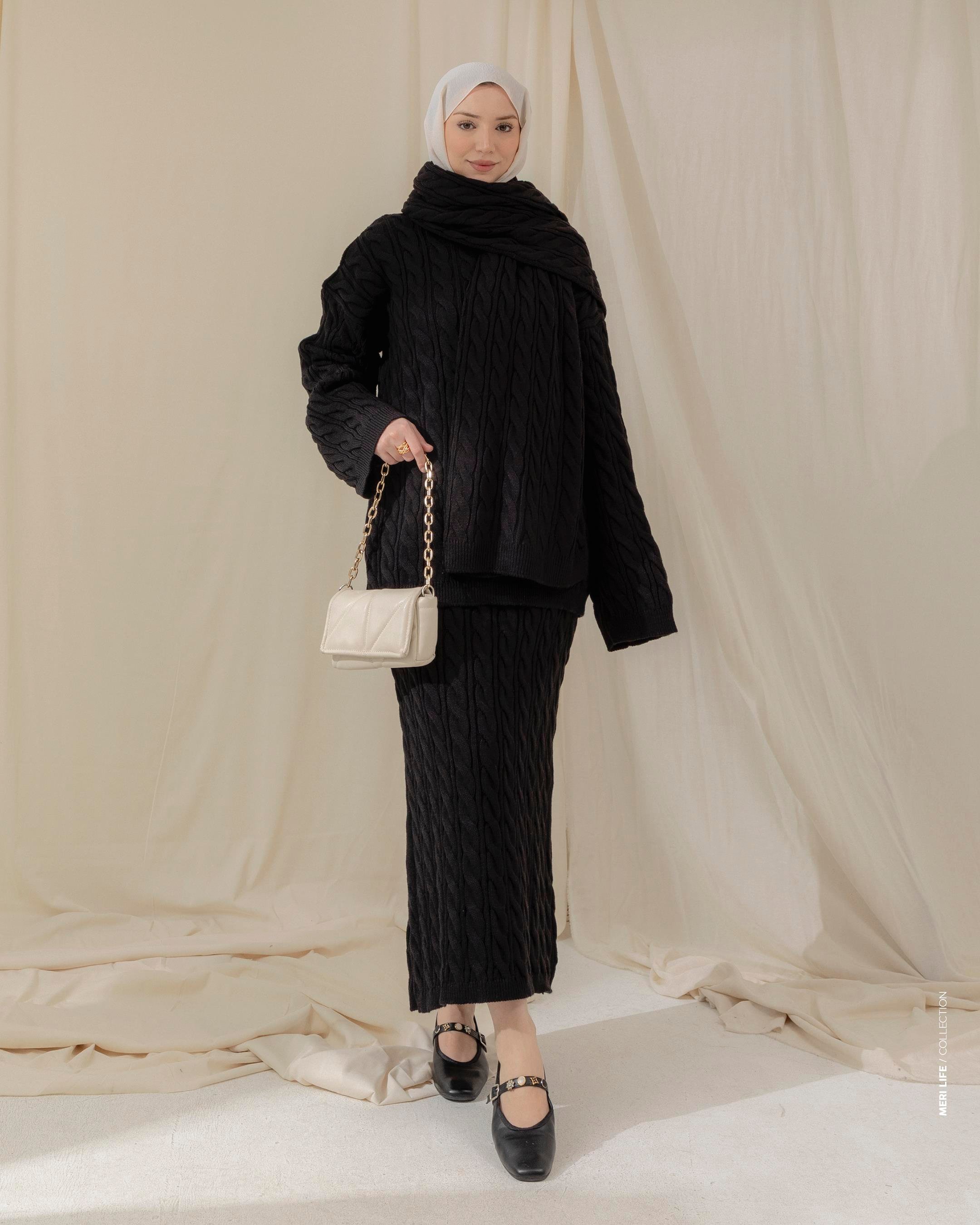 Örgü Desenli Siyah Üçlü Takım