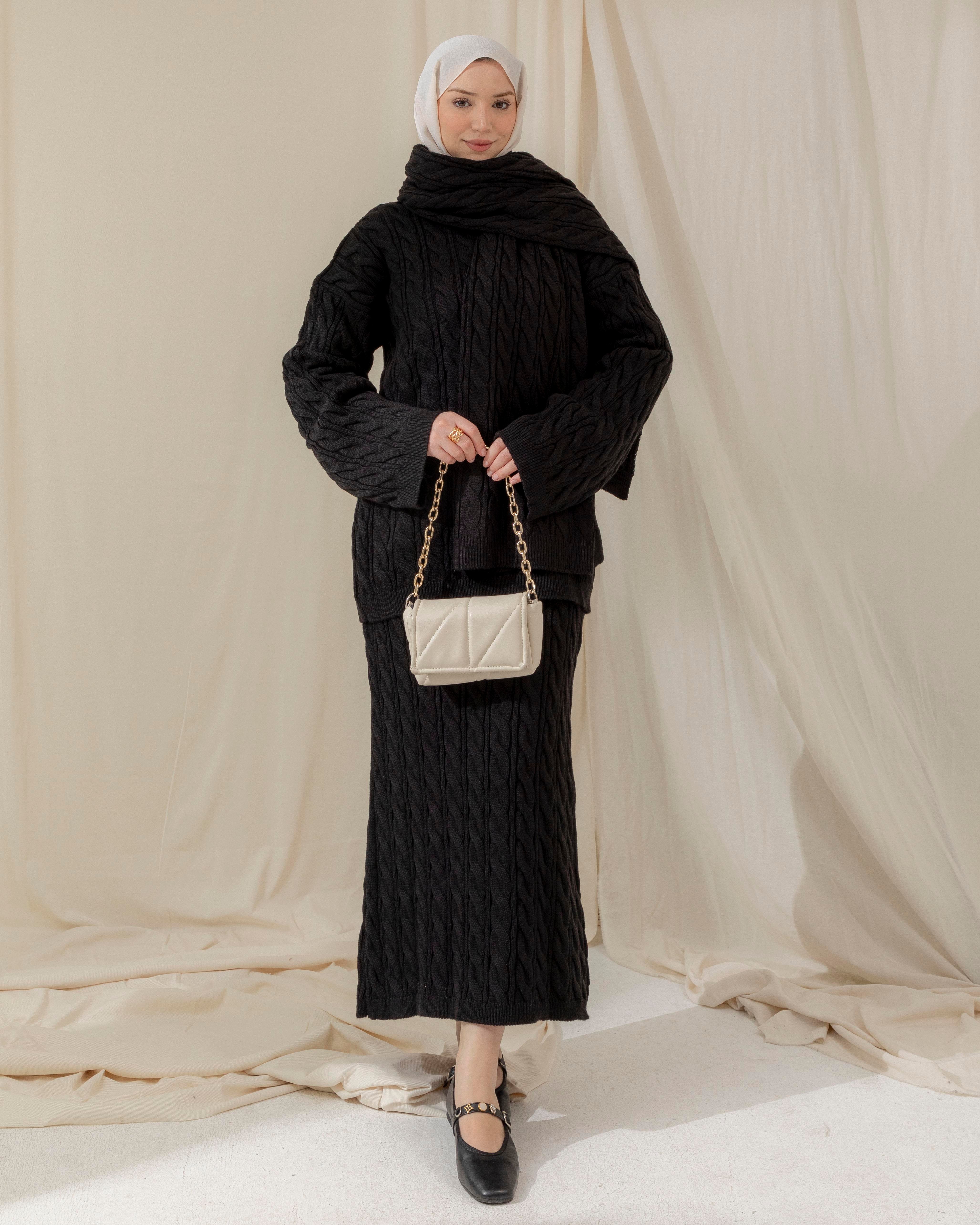 Örgü Desenli Siyah Üçlü Takım