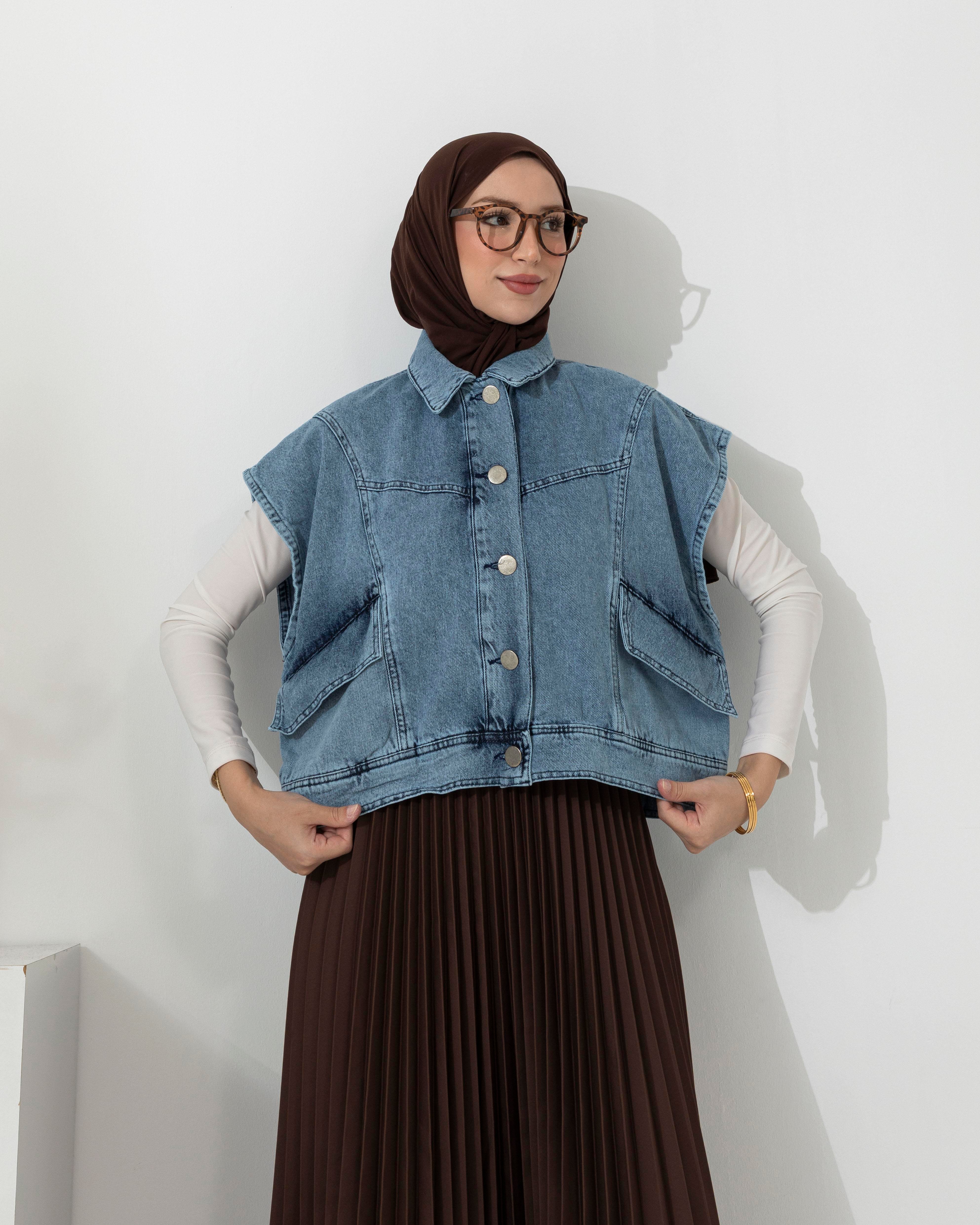 Over Kısa Mavi Denim Yelek