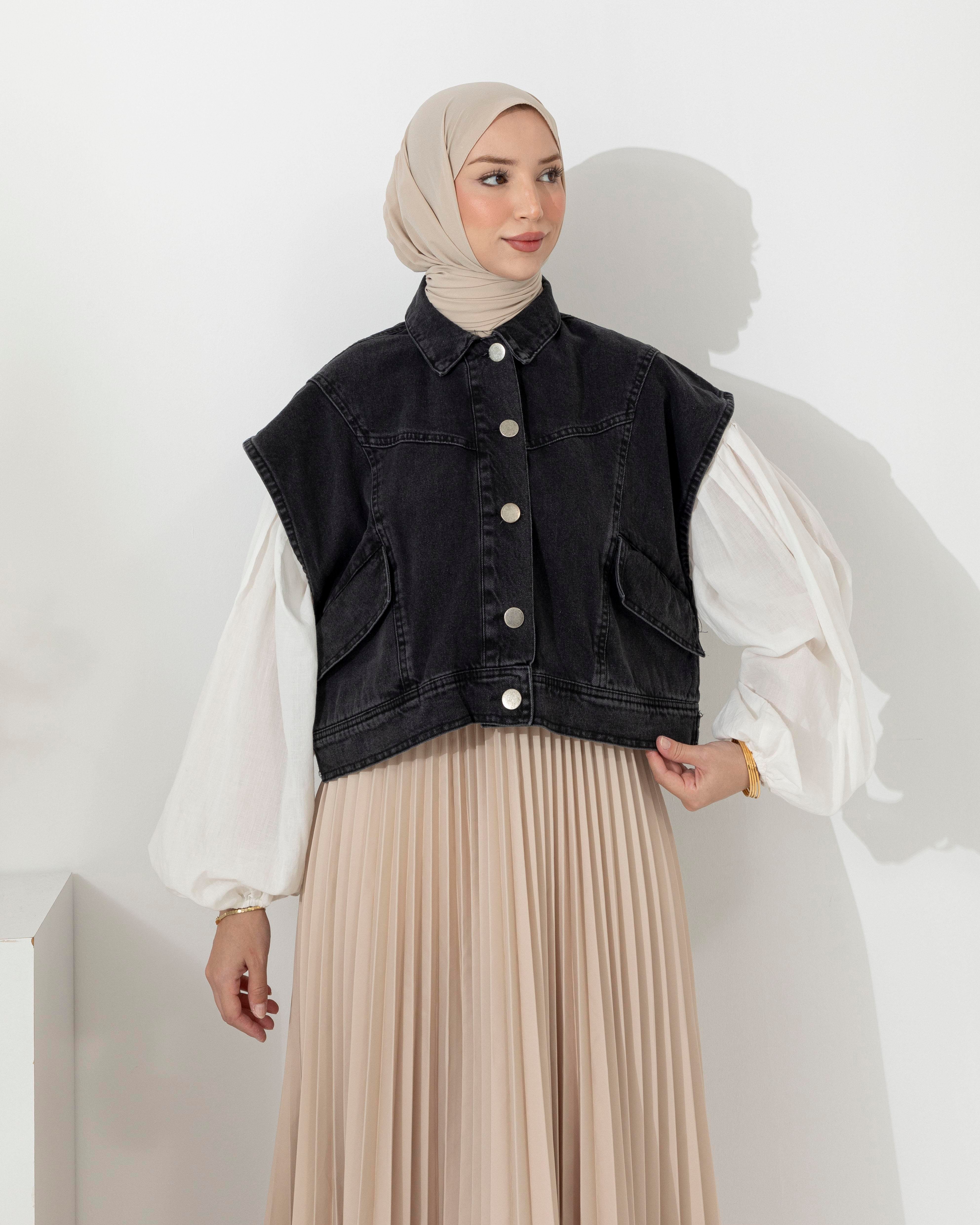 Over Kısa Siyah Denim Yelek