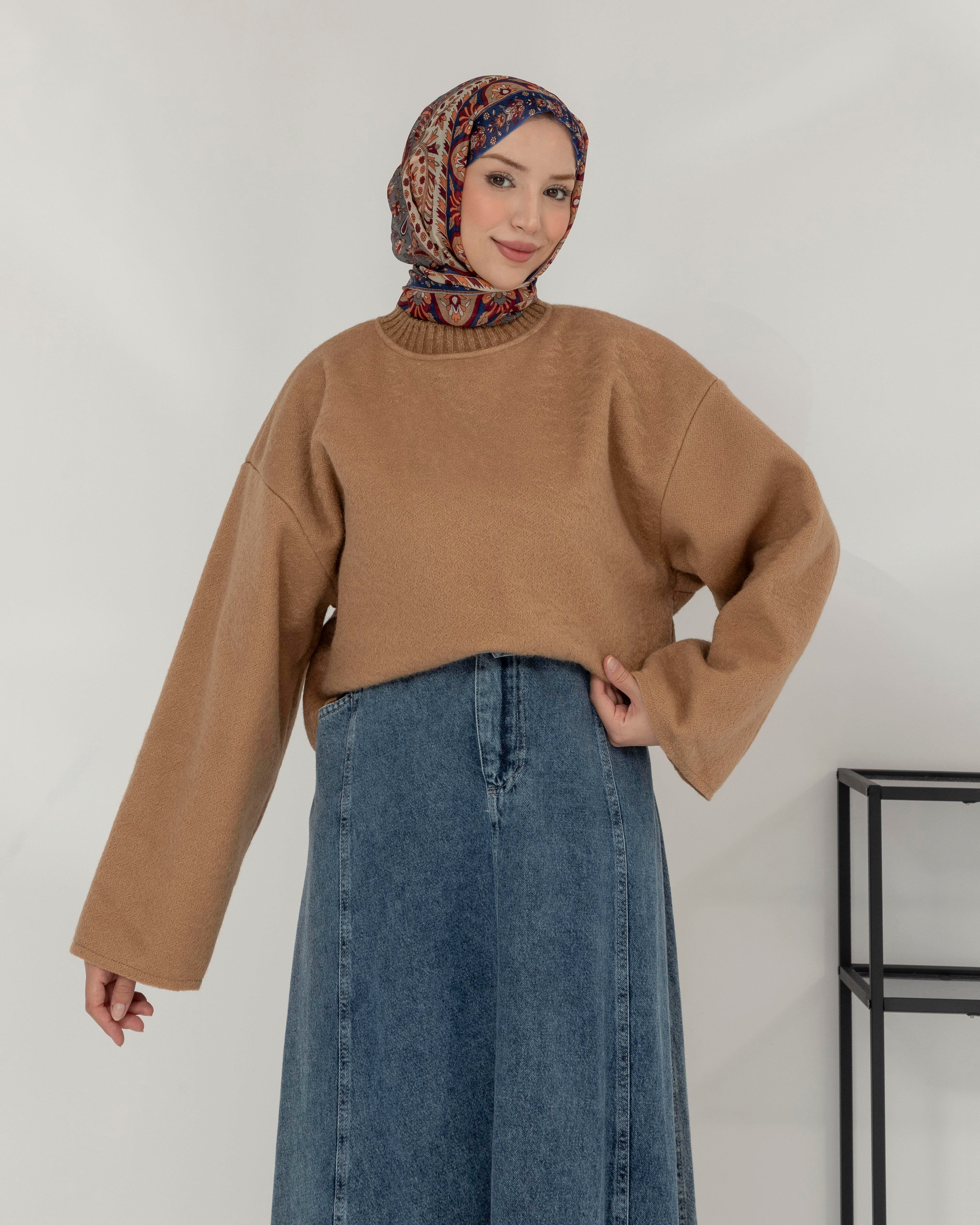 Oversize Bisiklet Yaka Bej Kaşe Bluz