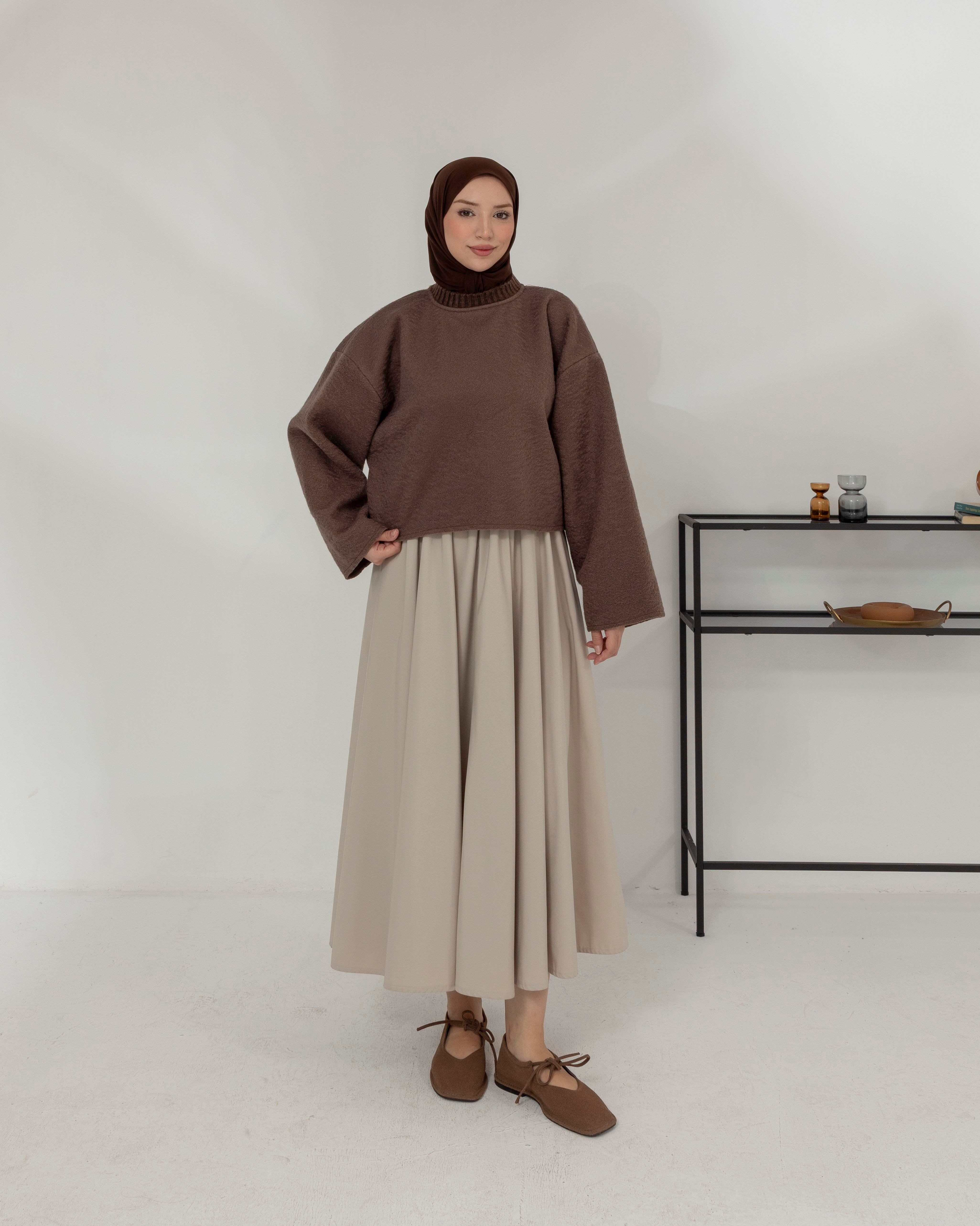 Oversize Bisiklet Yaka Kahve Kaşe Bluz