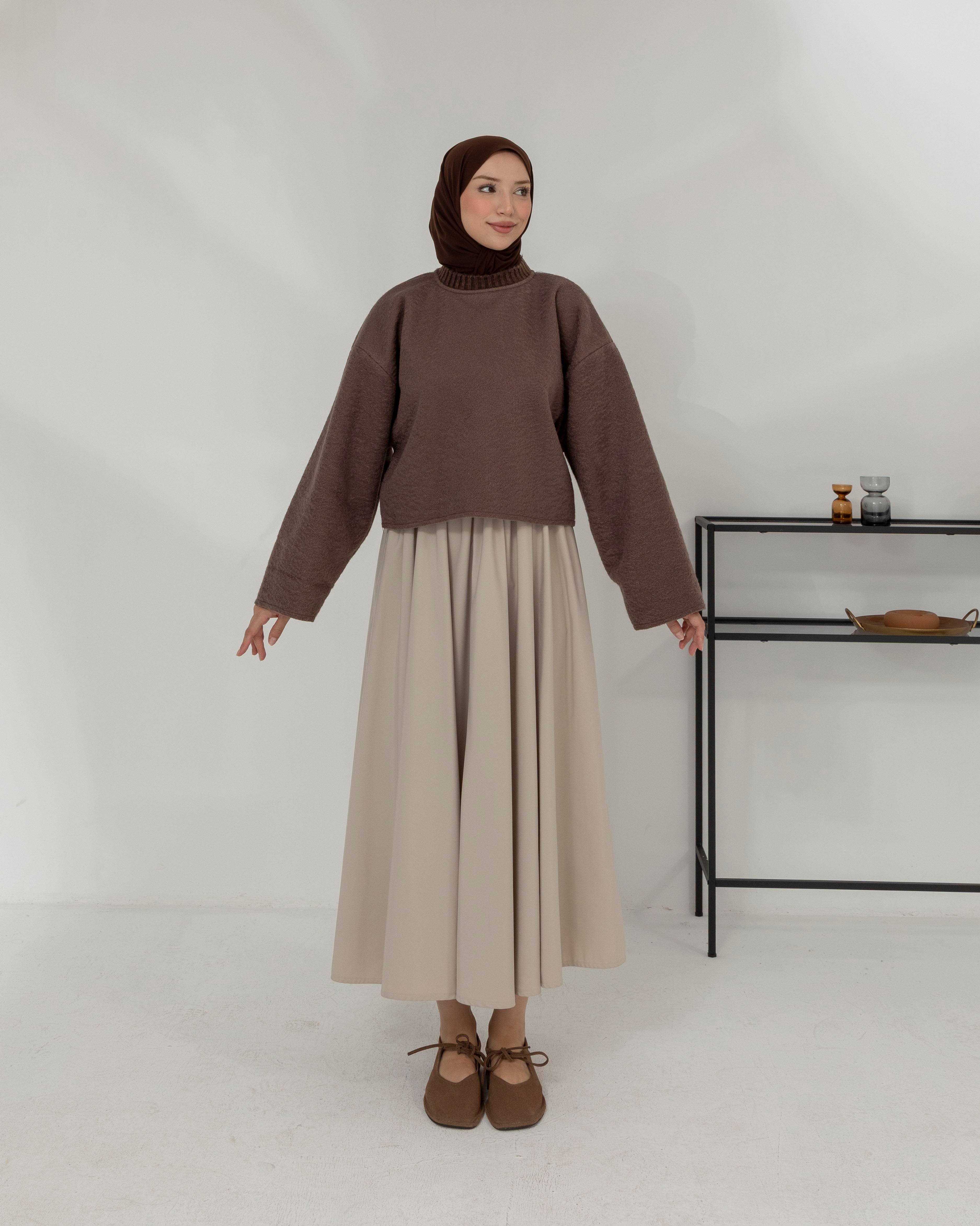 Oversize Bisiklet Yaka Kahve Kaşe Bluz