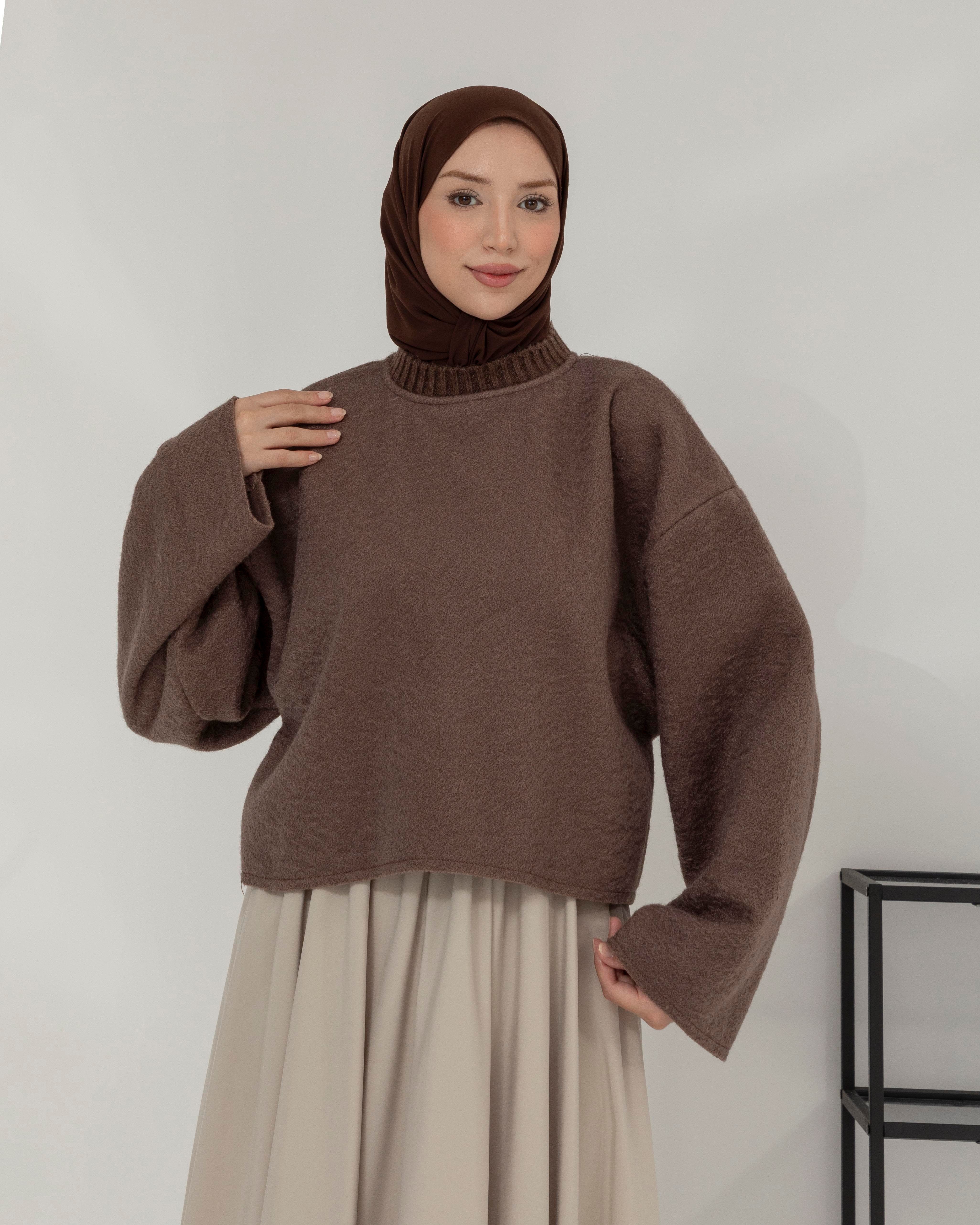 Oversize Bisiklet Yaka Kahve Kaşe Bluz