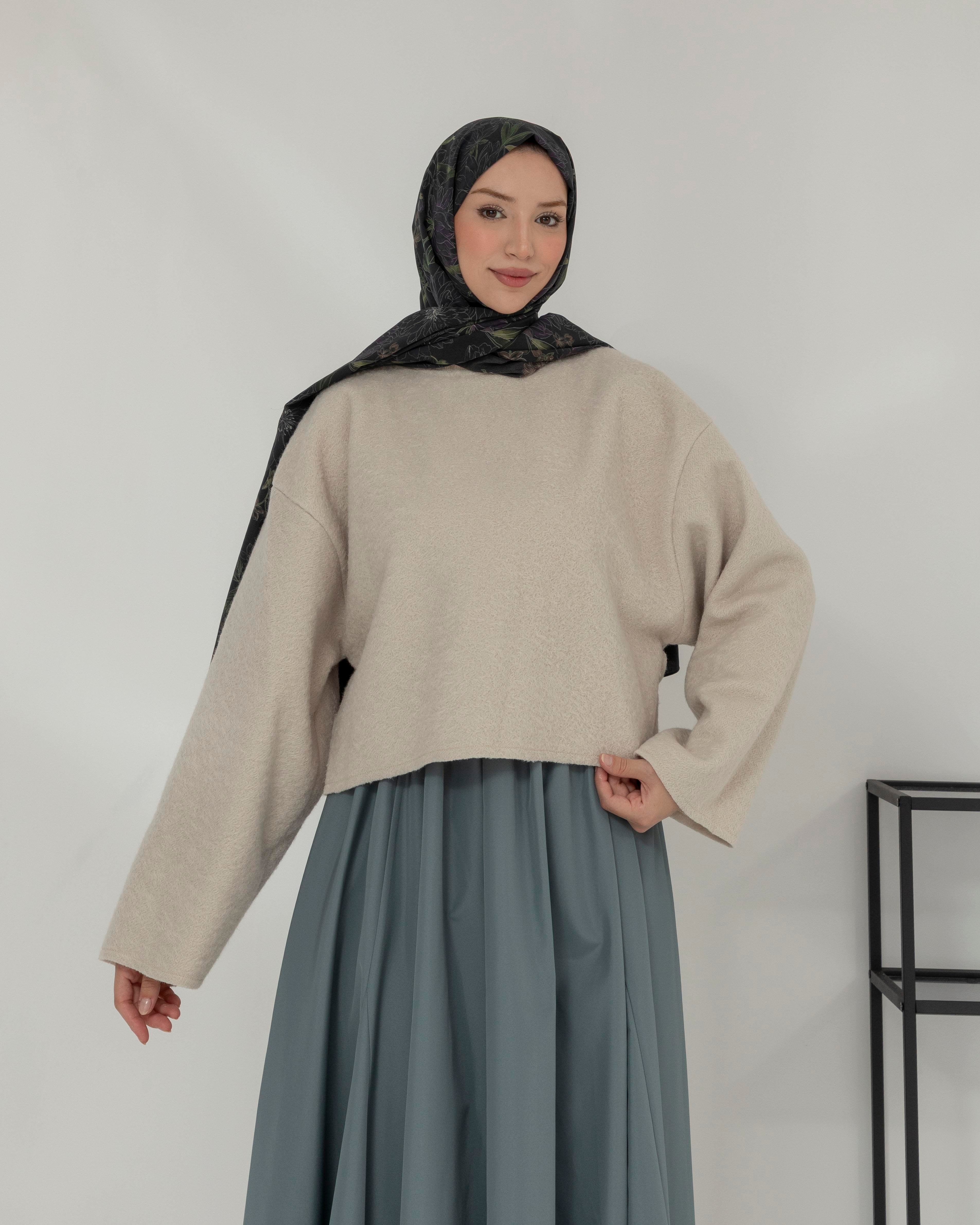 Oversize Bisiklet Yaka Krem Kaşe Bluz