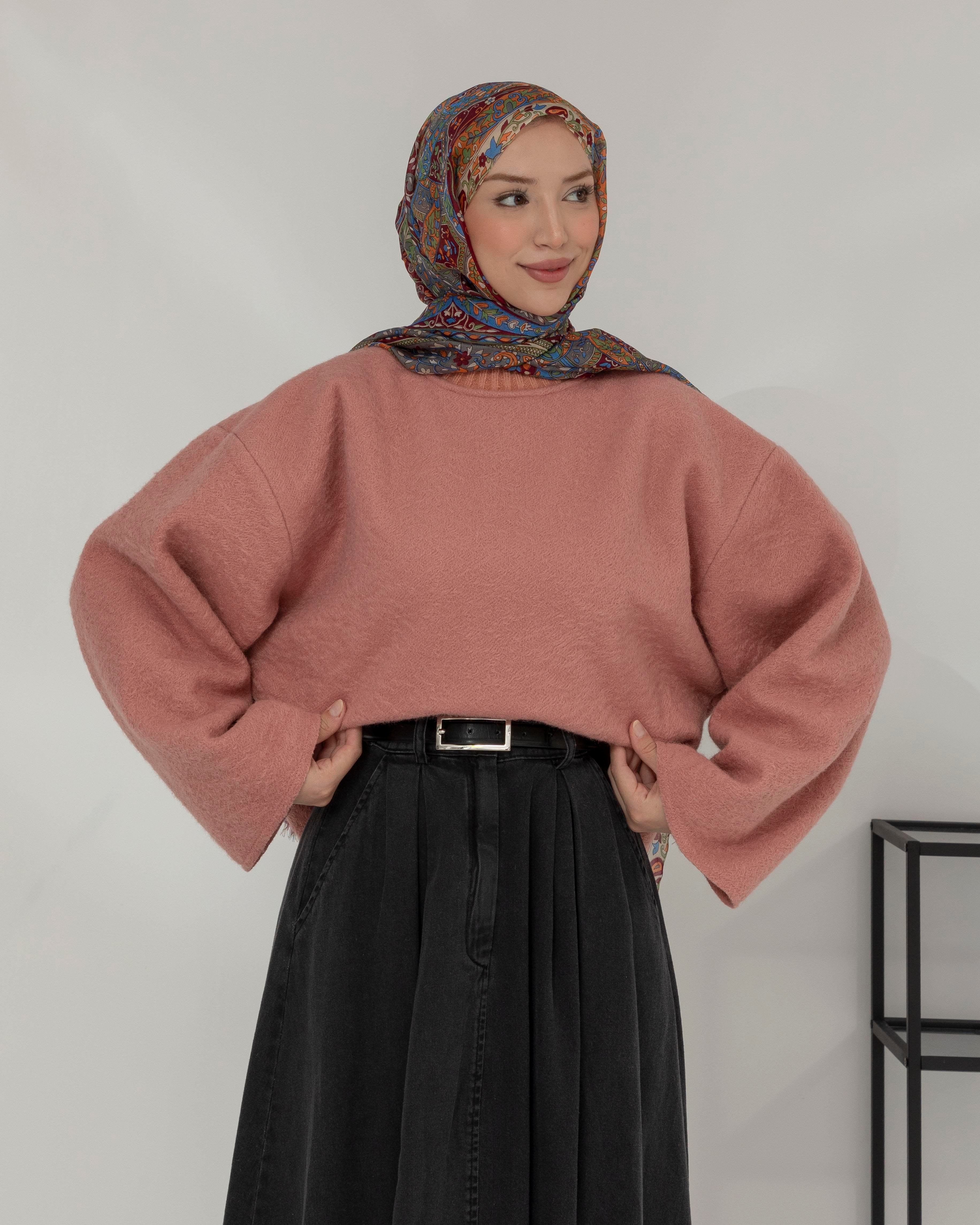 Oversize Bisiklet Yaka Pembe Kaşe Bluz