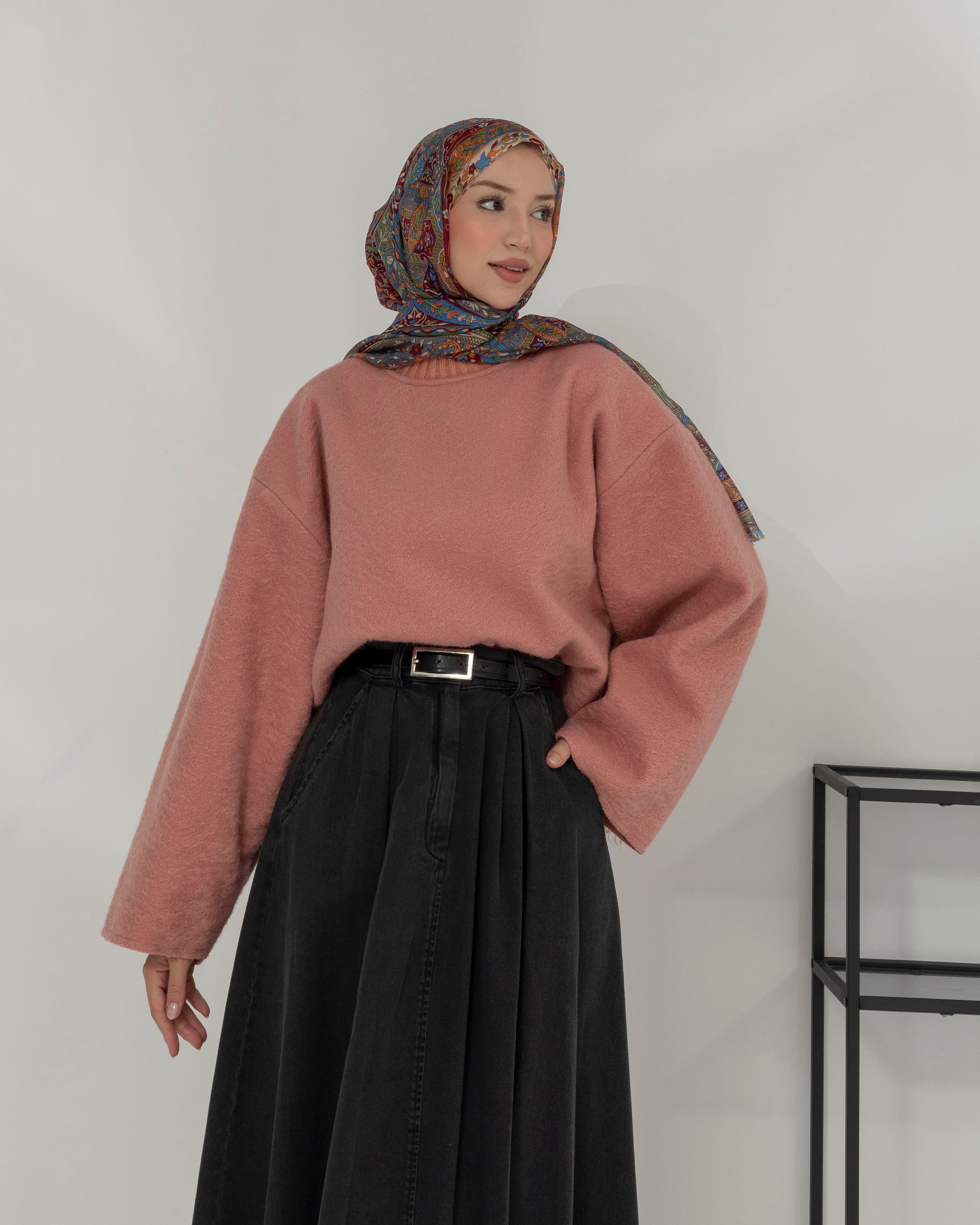 Oversize Bisiklet Yaka Pembe Kaşe Bluz