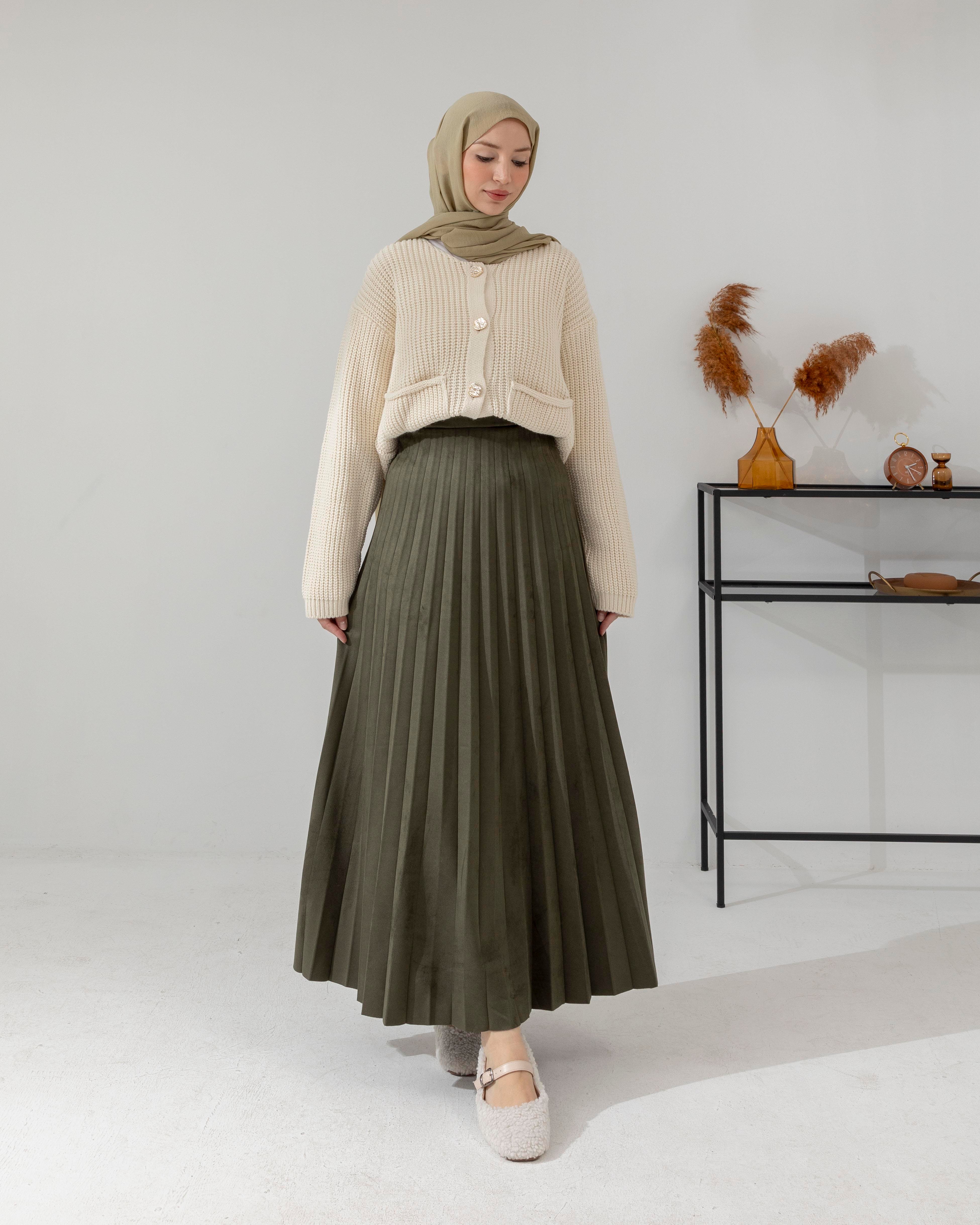 Piliseli Haki Süet Etek