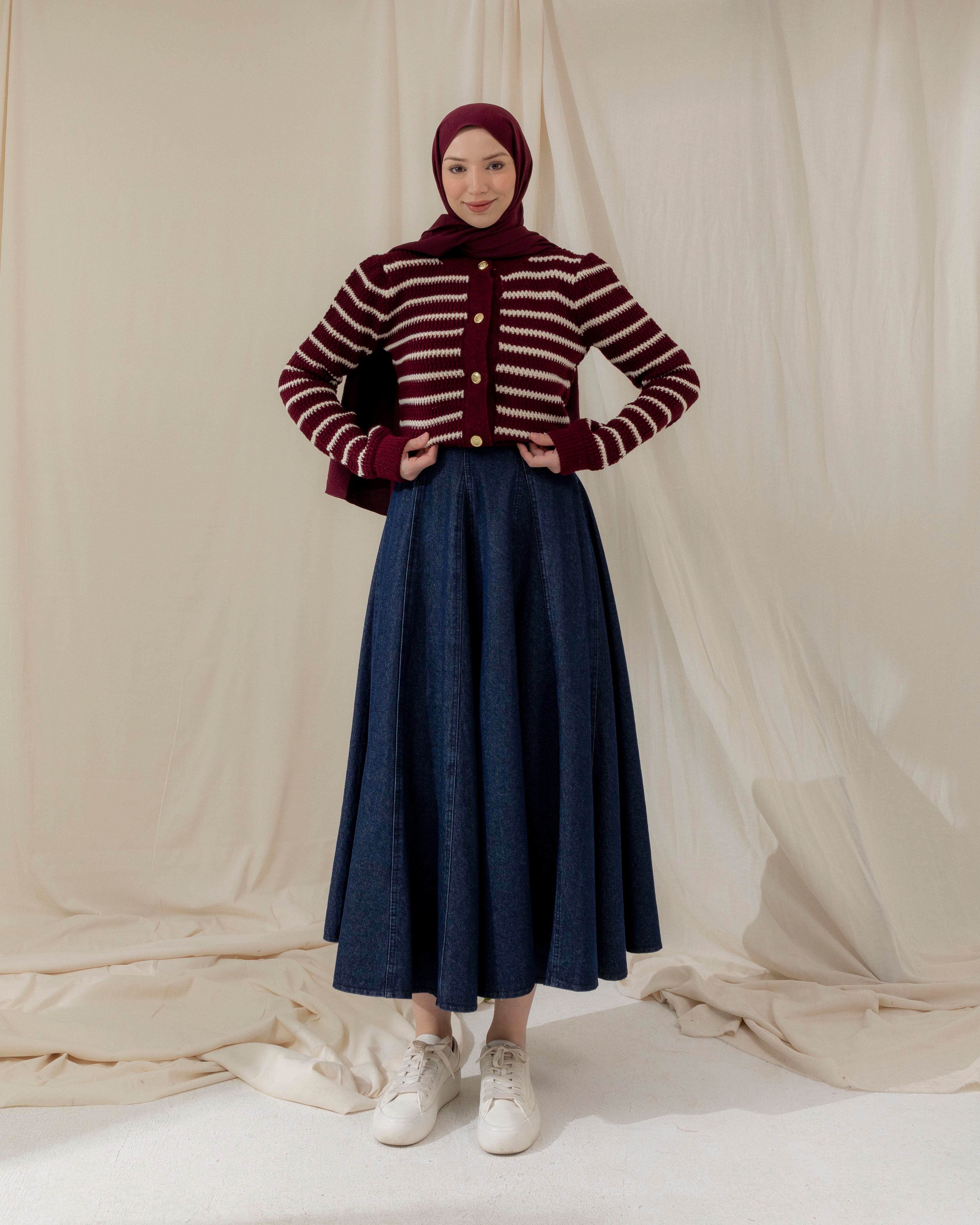 Şeritli Bordo Triko Hırka