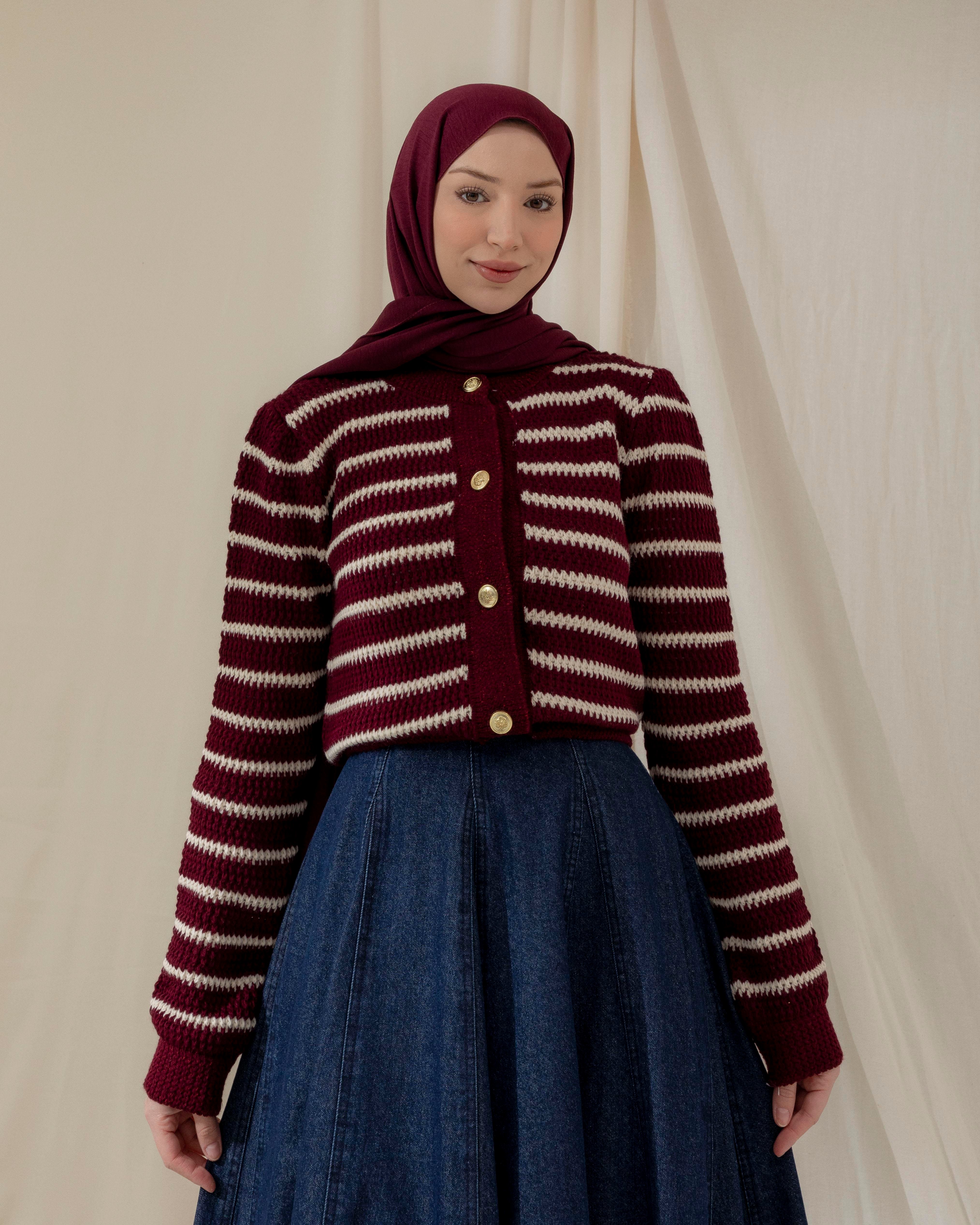 Şeritli Bordo Triko Hırka