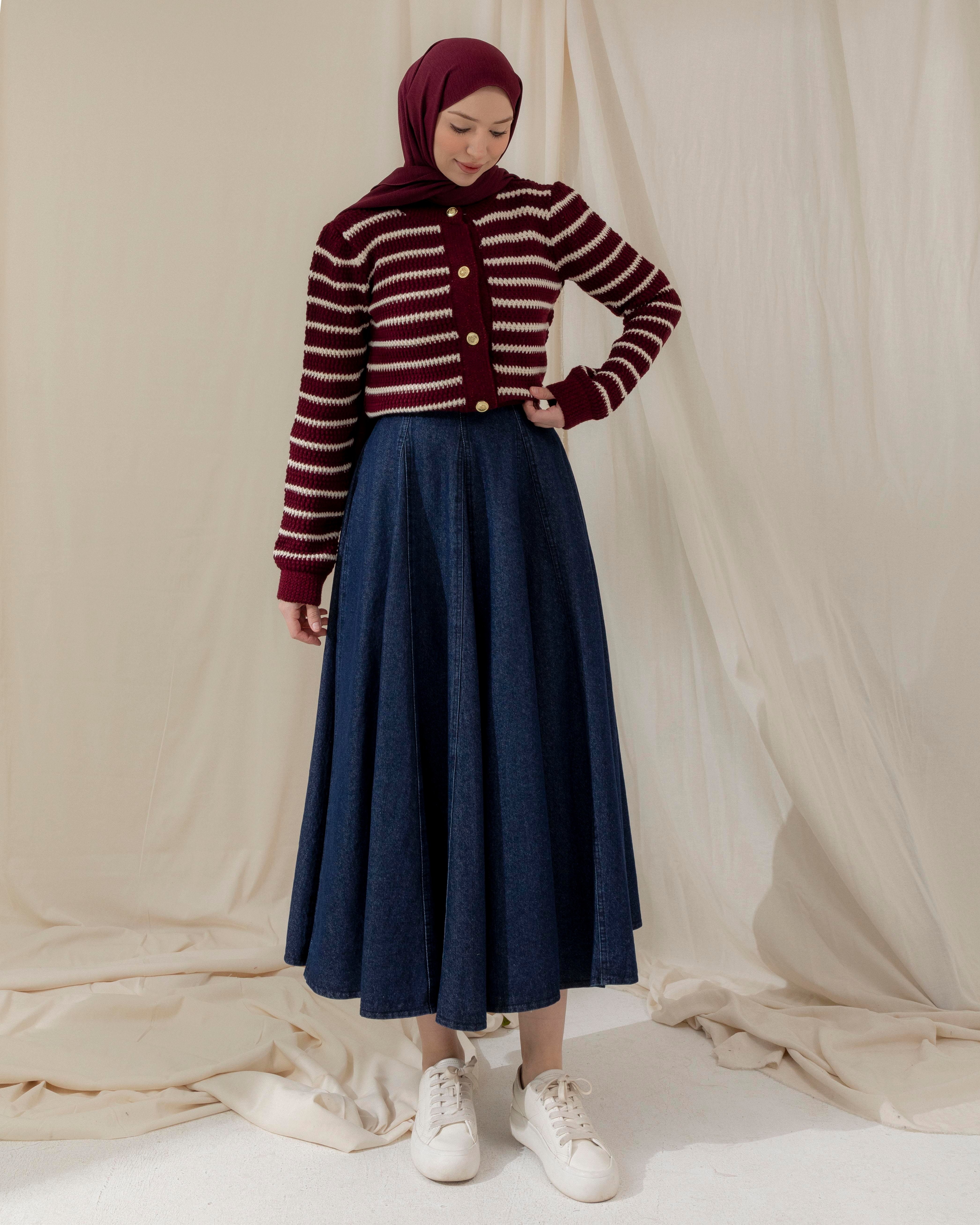 Şeritli Bordo Triko Hırka